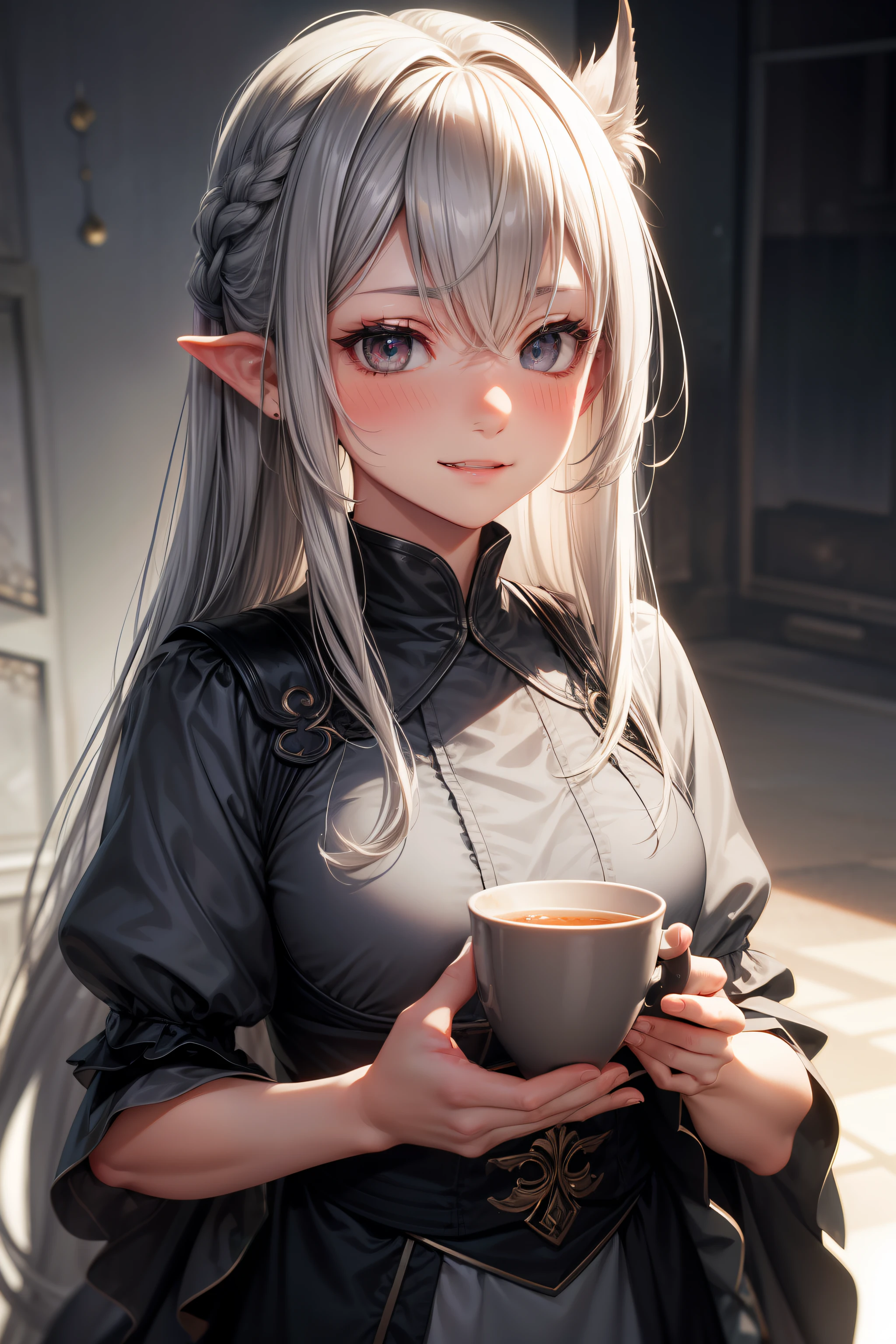 Gray hair,  long eyelasher, solid circle eyes, , Light smile, Ear blush, Fang, surrealism, shadowing, anaglyph, stereograms, tachi-e, angle of view, Atmospheric perspective, Tonalism, Fuji colors, 8K, Super detail, ccurate, Best quality, Textured skin, A high resolution, 8K