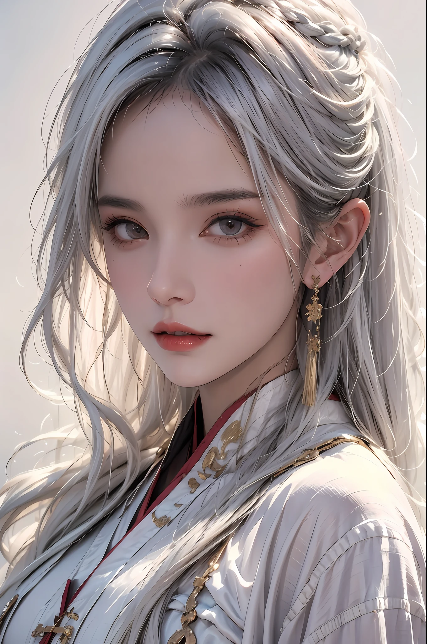 photorealistic, high resolution, soft lights, 1women, solo, hips up, look at viewer, (detailed face), white hair, long hair, colorful Taoist robe,oversized clothes, midjourney portrait, jewelry