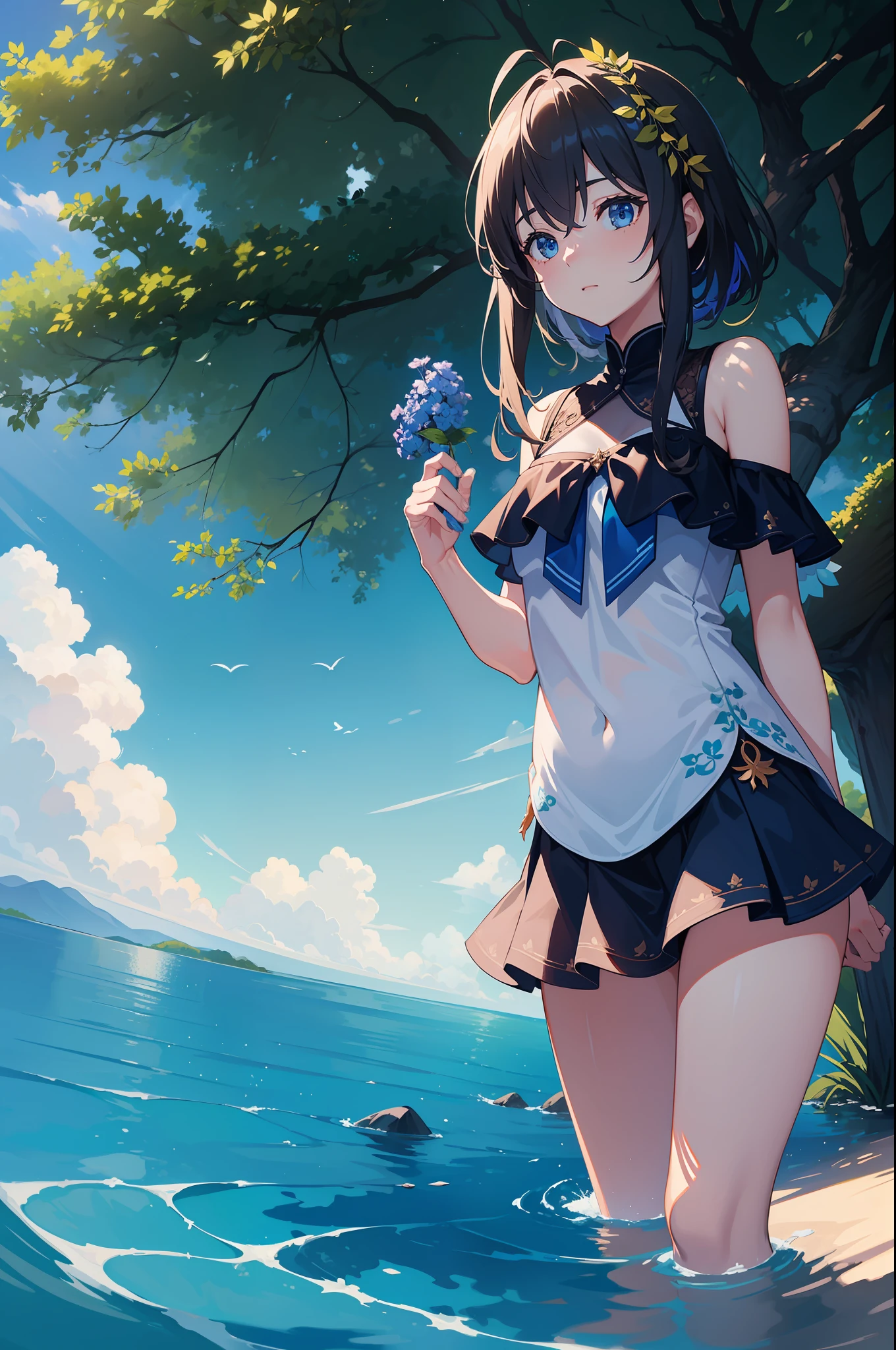 tmasterpiece,best qualtiy,(Very detailed CG unity 8k wallpaper)(best qualtiy),(Most Best Illustration),(best shadow)Nature',Blue sea,View only,Delicate leaves of various colors fall in air light tracking,ultra-detailliert --v6