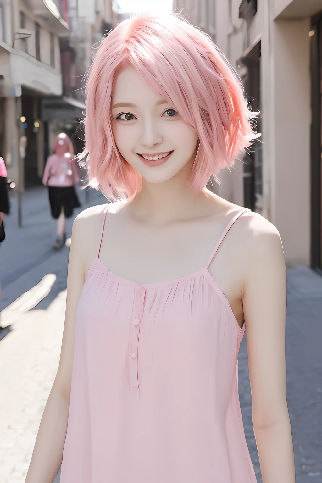 masterpiece, 1girl, solo, high resolution, soft lighting, cinematic angle, slender, slim, beautiful eyes, pretty face, 18 age, smile,
(short hair:1.3), hair to shoulder, (pink hair:1.3),
 full body, street, outdoors, sunny day