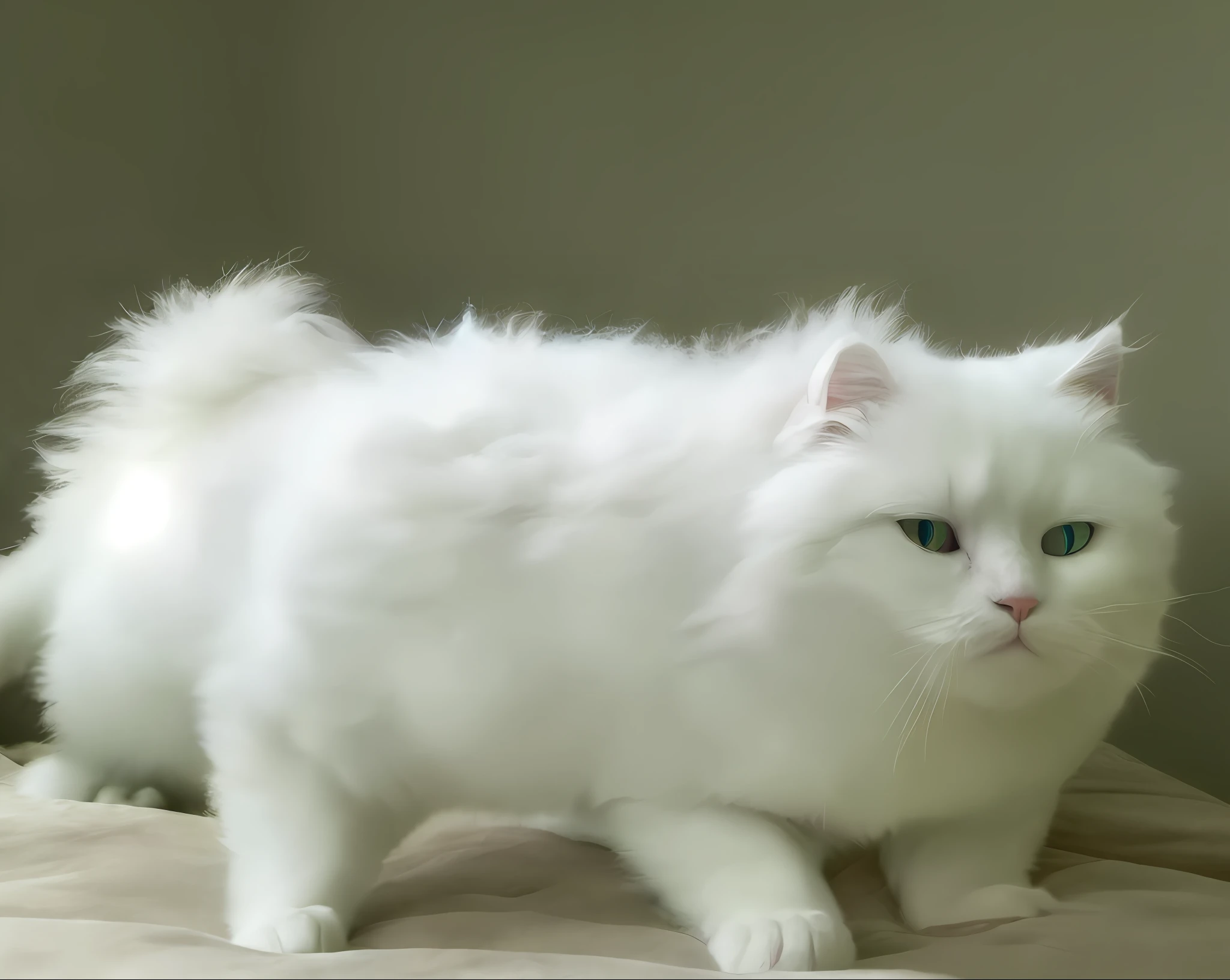A fluffy white cat is wetting the bed