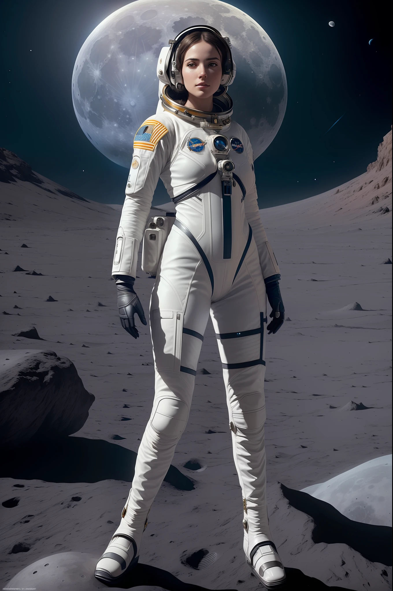 the perfect human model astronaut woman posing at the moon surface, accurate details, detailed face, fantasy, dramatic, intricate, elegant, highly detailed, digital painting, artstation, concept art, smooth, sharp focus, illustration, art by gustave dore, octane render, 4k