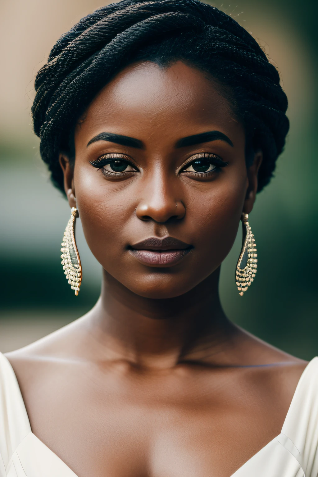 film grain, photographed with a Sony a9 II Mirrorless Camera, analog style, beautiful, masterpiece, best quality, aamari, a woman with elegant dress is looking at the camera, very dark skin, extremely detailed face, bust shot, perfect lighting --auto