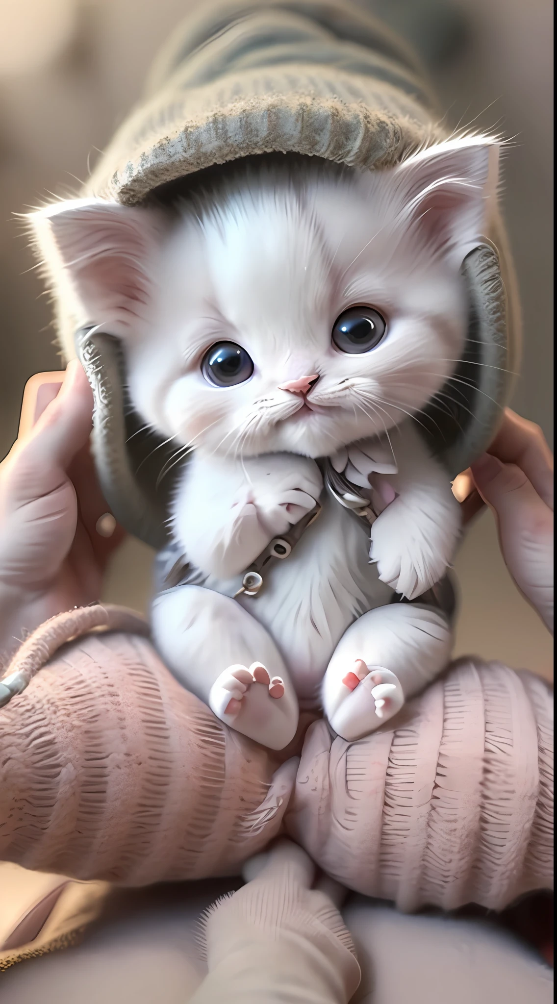 A white-haired kitten sits on a person's hand， Miniature kittens， Animal focus， sbeard， realisticlying， POV hands， vague background，ssmile，Funny
