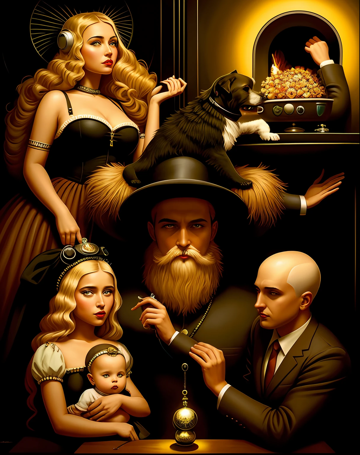 a painting of an attractive blonde woman and two men with a  and a dog, scifi religioso, magical realism bizarre art, Directed by: John Moonan, Surrealismo pop estilo de arte lowbrow, arte lowbrow, rob mcnaughton, Directed by: Dave Arredondo, Directed by: Aaron Jasinski, Surrealismo lowbrow, Surrealismo pop lowbrow, Benjamim Lacombe, gnosticismo