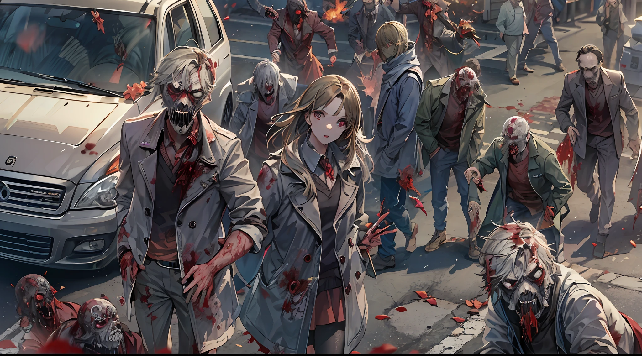 ((Superb image quality)),high detal,Multiple zombies,On the street,8k