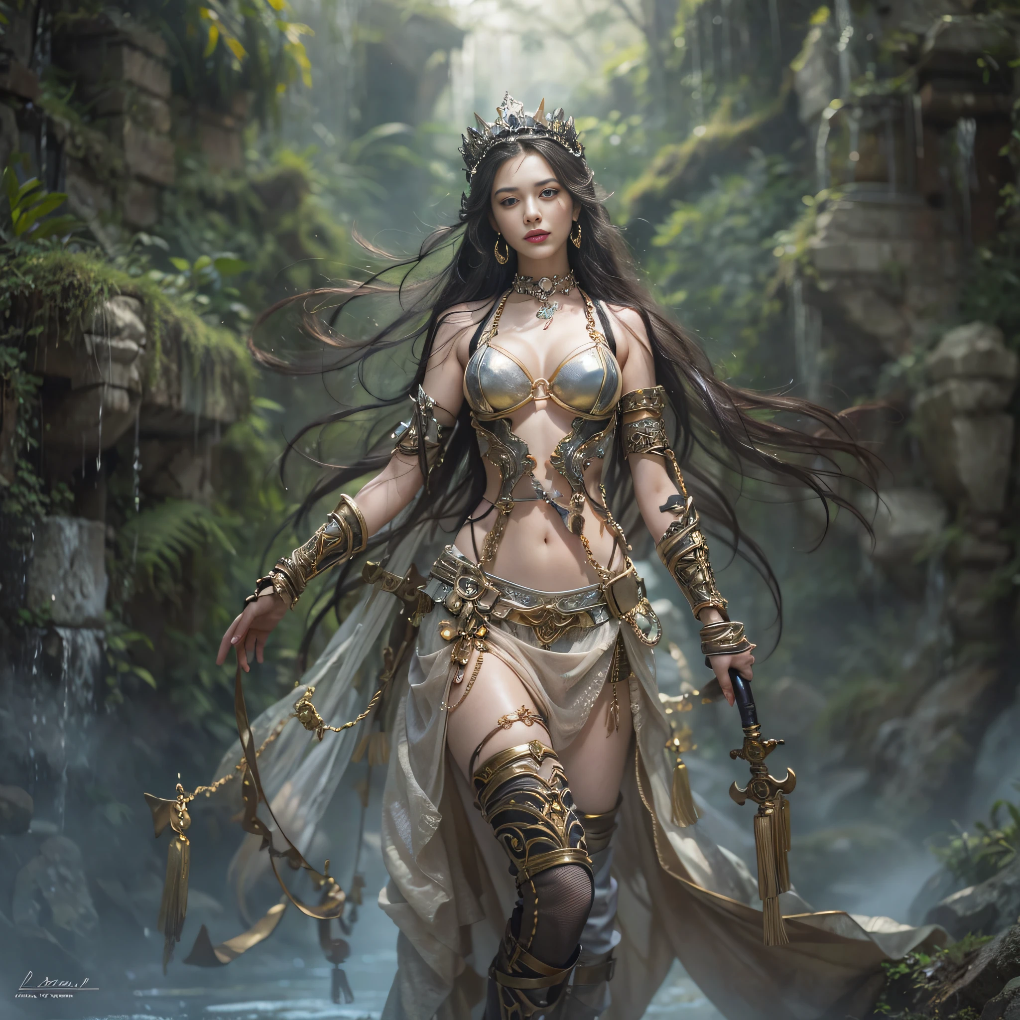 ((masterpiece)、(top-quality)、(reallistic))、beautiful queen:1.4、Bondage style、latex shiny、By Luis Royo:1.4、1girl in、Sexy Daughter、Attractive earrings with impressive beauty、a choker、a necklace、piercings、(Super beauty)、Super Ultra Ultra Bikini、standingn、fullllbody:1.4、(Beauty in return)、Fantastic mythological landscape