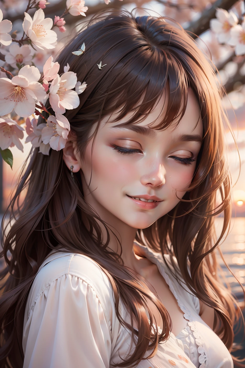 Masterpiece:1.2, high quality, best quality, high resolution, detailed, hyper realistic, 1girl, medium brown hair, blue eyes, head tilt, sunset, birds flying, cherry blossom, Portrait, closed eyes, smile, showing teeth, (detailed face), ((sharp focus)), ((face)), upper_body