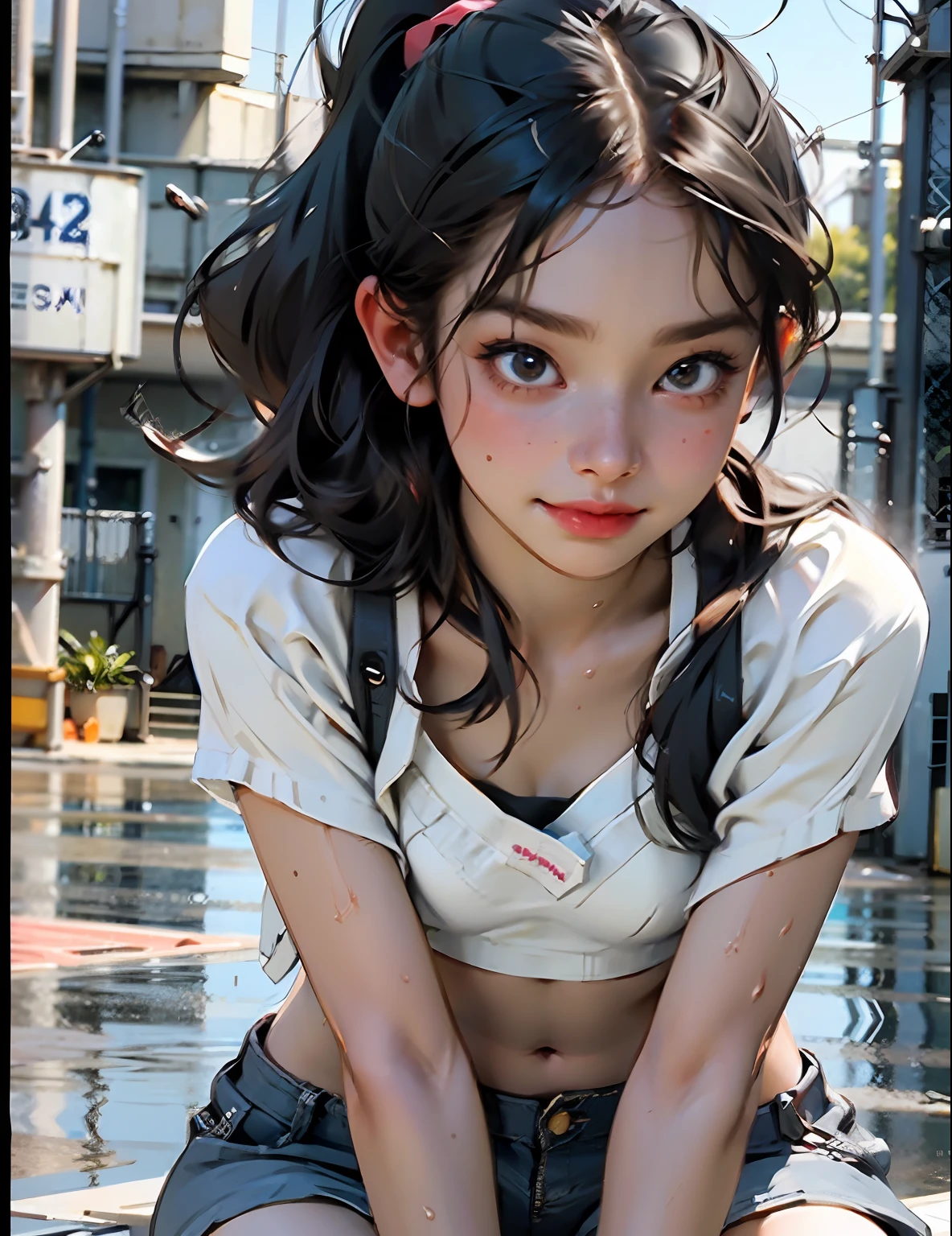 Girl kneeling in the playground after school ((the whole body is visible)), far from the viewer.
She is beautiful, pretty, adorable, cute, young, teen.
She is slim, slender, petite, lean, (flat breasts), (small), (small breasts).
She is sweaty, wet and soaked. Transparent clothes, sweaty on the skin, wet hair.
She is grinning. She looks natural, relaxed and unpretentious.
Deceptive face. Make funny faces. (tongue sticking out), telling secrets, hiding secrets, shy, excited.
She stares at the viewer.
She has a black ponytail.
She wears a uniform, a rolled up white shirt with a blue collar, a colored corduroy sports bra undershirt, blue shorts, and two layers.
Shirt lift,. (((She lifts her shirt and shows off her sports bra underneath))).
Camera focused on her face, face light, very large aperture, ((f / 1.2)), shallow depth of field, strong background lens blur, ISO 3000, automatic white balance,
Highly detailed professional lighting, soft light, raw photos, UNIQLO fashion models,
Top quality, masterpieces, award-winning photos, huge file size, 8K, high resolution,
Shot with a Sony DSLR.