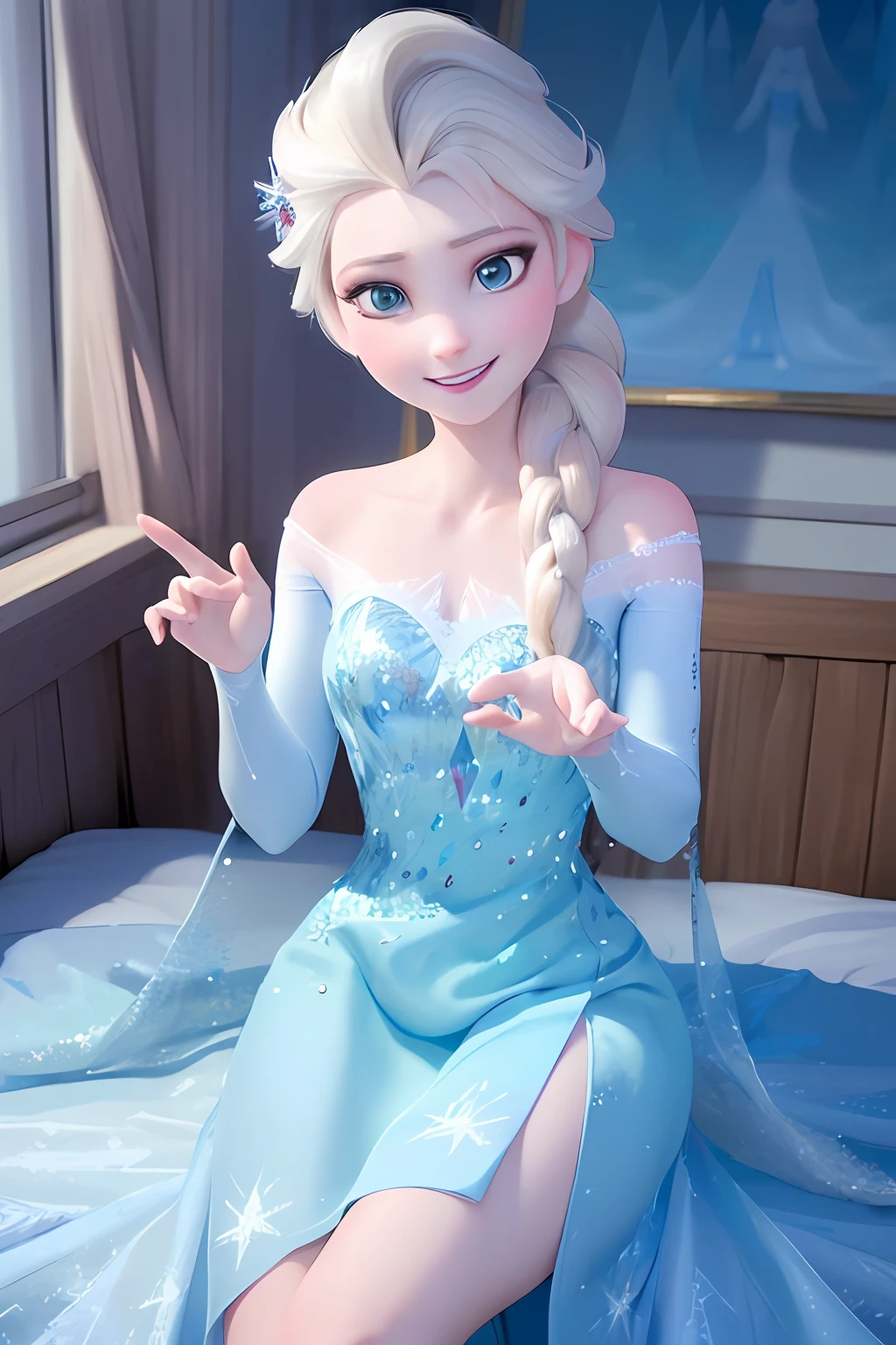 (masterpiece:1.4), (best qualit:1.4), (high resolution:1.4), elsa of arendelle, smile, sitting on bed, ice queen dress, bedroom, looking at viewer, hands at side,(Clothing malfunction:1.0)