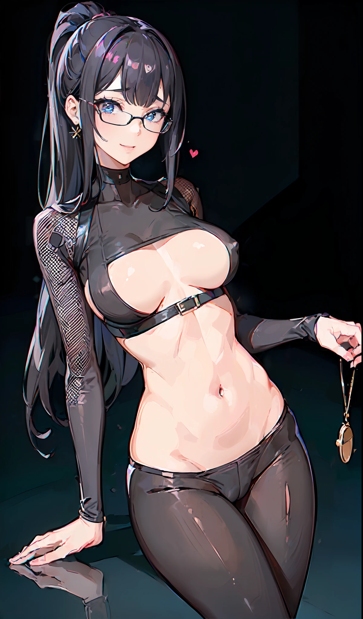 ((top-quality、8K、masterpiece:1.3))、(Back shot),foco nítido:1.2、Beautiful woman with perfect body shape:1.4、Slender woman、Beautiful face、drooing eyes、Beautiful expression、Evil smile、blush:1.5、Highly detailed facial and skin texture、A detailed eye、1 girl, Solo, (Sexy Pose、foco nítido:1.2),Black hair、High Ponytail、Blunt bangs、abdominals、(eye glass:1.2)、(Mesh Bodysuit:1.3,low rise pants、The groin is visible:1.3)