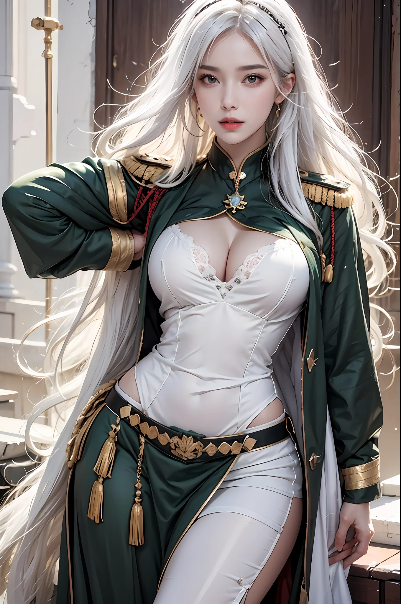 photorealistic, high resolution, soft lights, 1women, solo, hips up, look at viewer, (detailed face), white hair, long hair, military uniform, jewelry