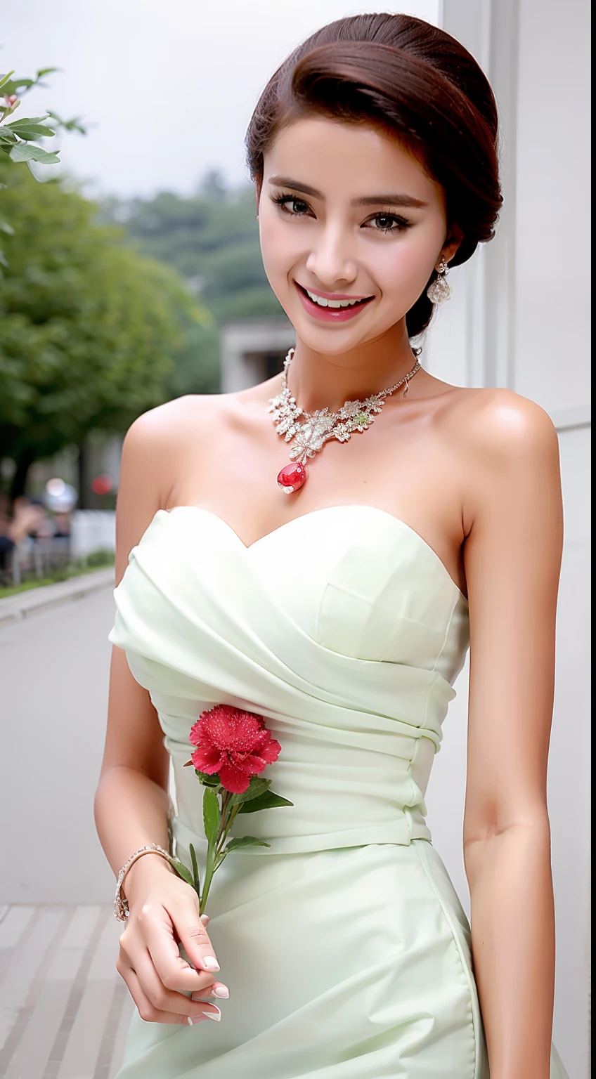 Fashion model 18 years old [[[[closeup cleavage]]]], [[[[boobgasm]]]], [[[[coll]]]], [[[[bshoulders]]]], perfect  eyes, Perfect iris，Perfect lips，perfect teeth，Perfect skin，Long face，slender nose，Soft front light，hdr，Movie girl，Red cheongsam，Green cheongsam，White cheongsam，long whitr hair，Long hair with a shawl，Long hair like a waterfall，Green trees and flowers in the background，（pastel colour：1.2）