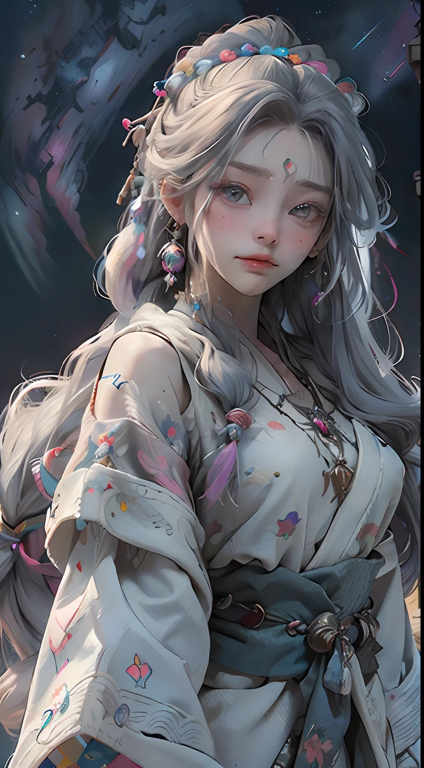 Best quality, masterpiece, illustration, colorful, night, starry sky, floating, 1girl, face focus, multicolored, detailed messy long white hair braid, squinted eyes, cute face, native american loincloth robe, face tattoo topcoat, arm ornaments, headbands, feather hair ornaments, necklaces, earrings, jewelry