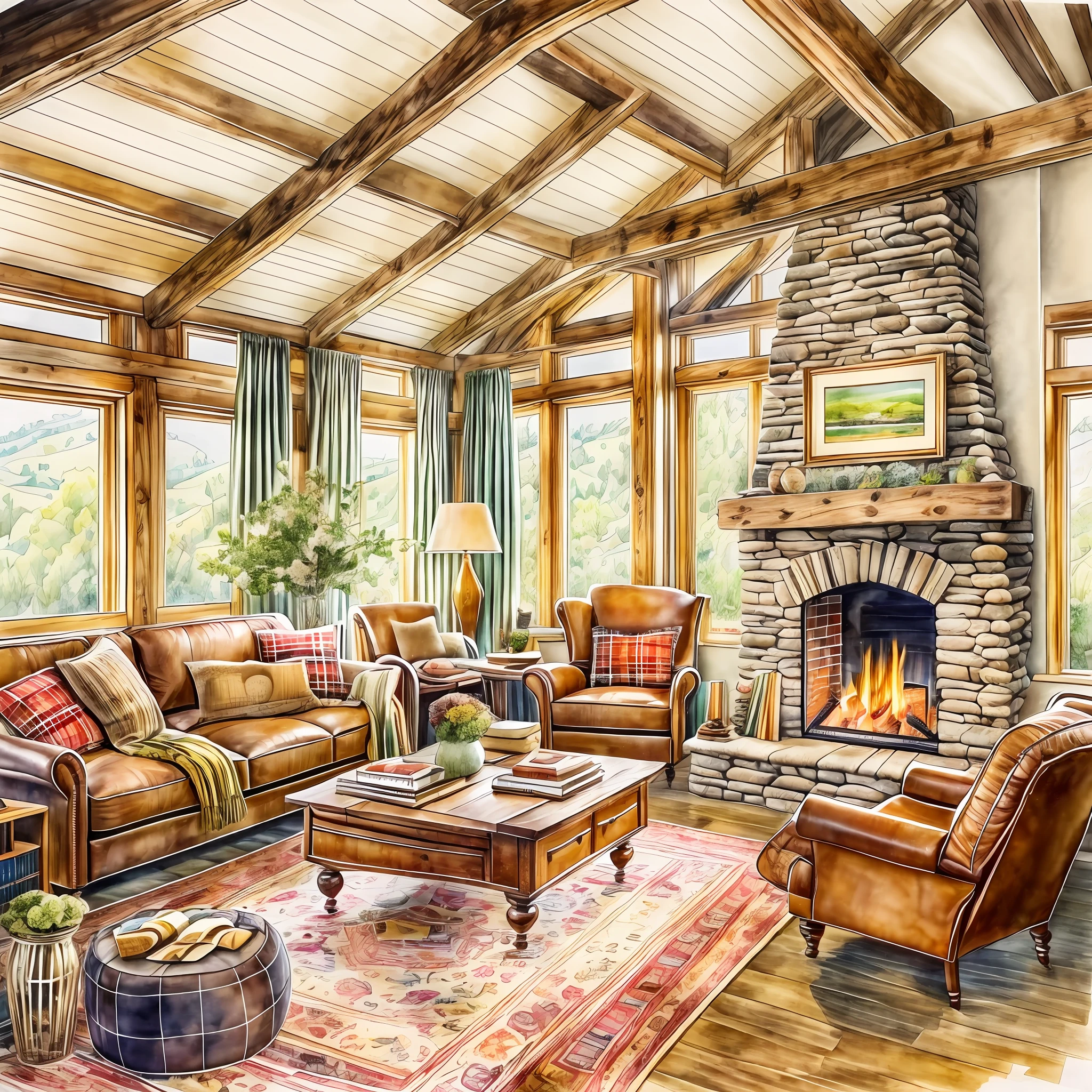 A modern living room design with a cozy and rustic feel, featuring exposed wooden beams on the ceiling, a stone fireplace with a crackling fire, comfortable leather sofas with plaid blankets, a bookshelf filled with vintage books and family heirlooms, large windows overlooking a serene countryside with rolling hills and a gentle stream, warm and inviting atmosphere, Artwork, watercolor painting on paper