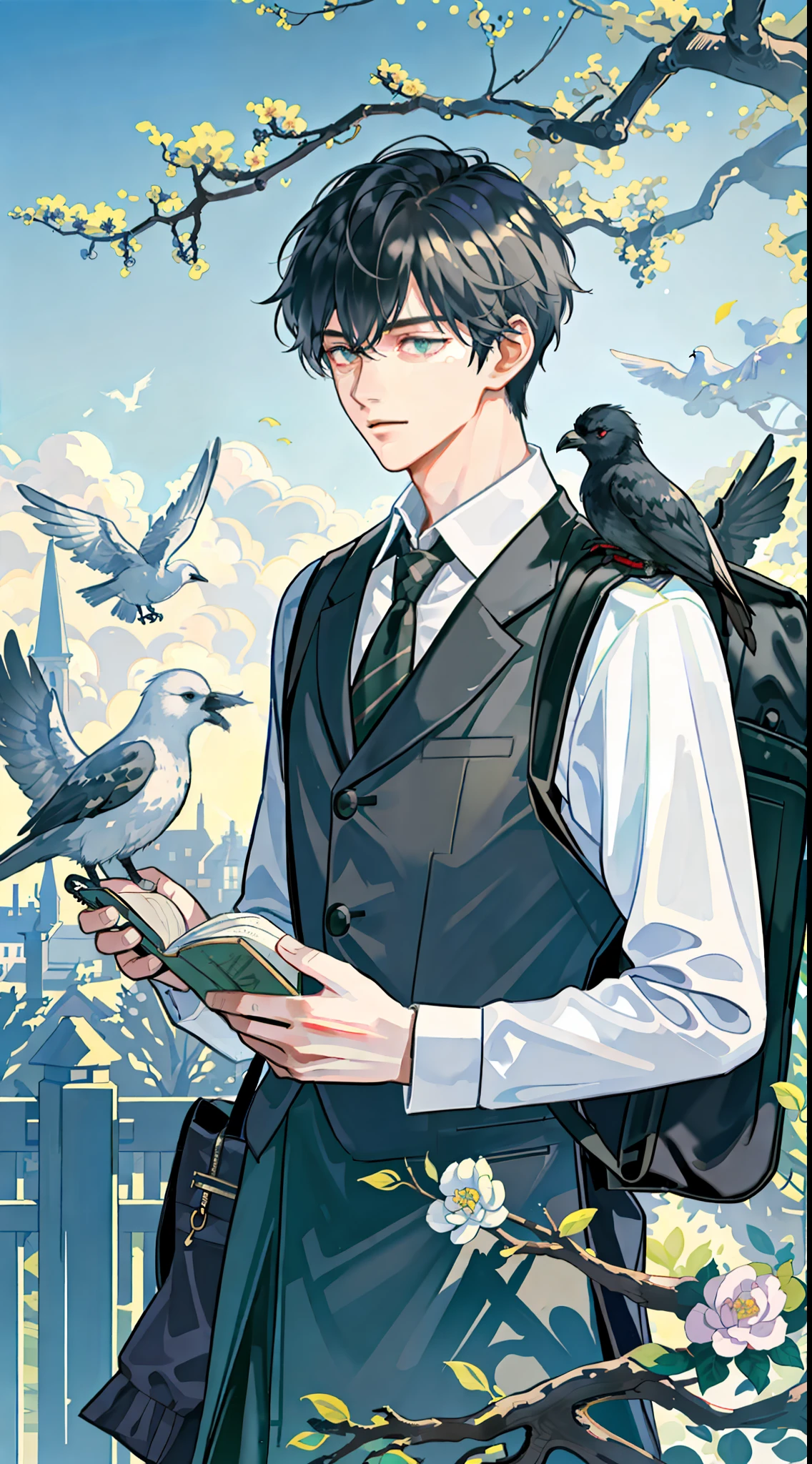 masterpiece, best quality, 1boy, male focus, handsome, residential area, fence, spindle trees, afternoon sun, the way home from school, school uniform, backpack, flock of birds, from directly side, depth of field