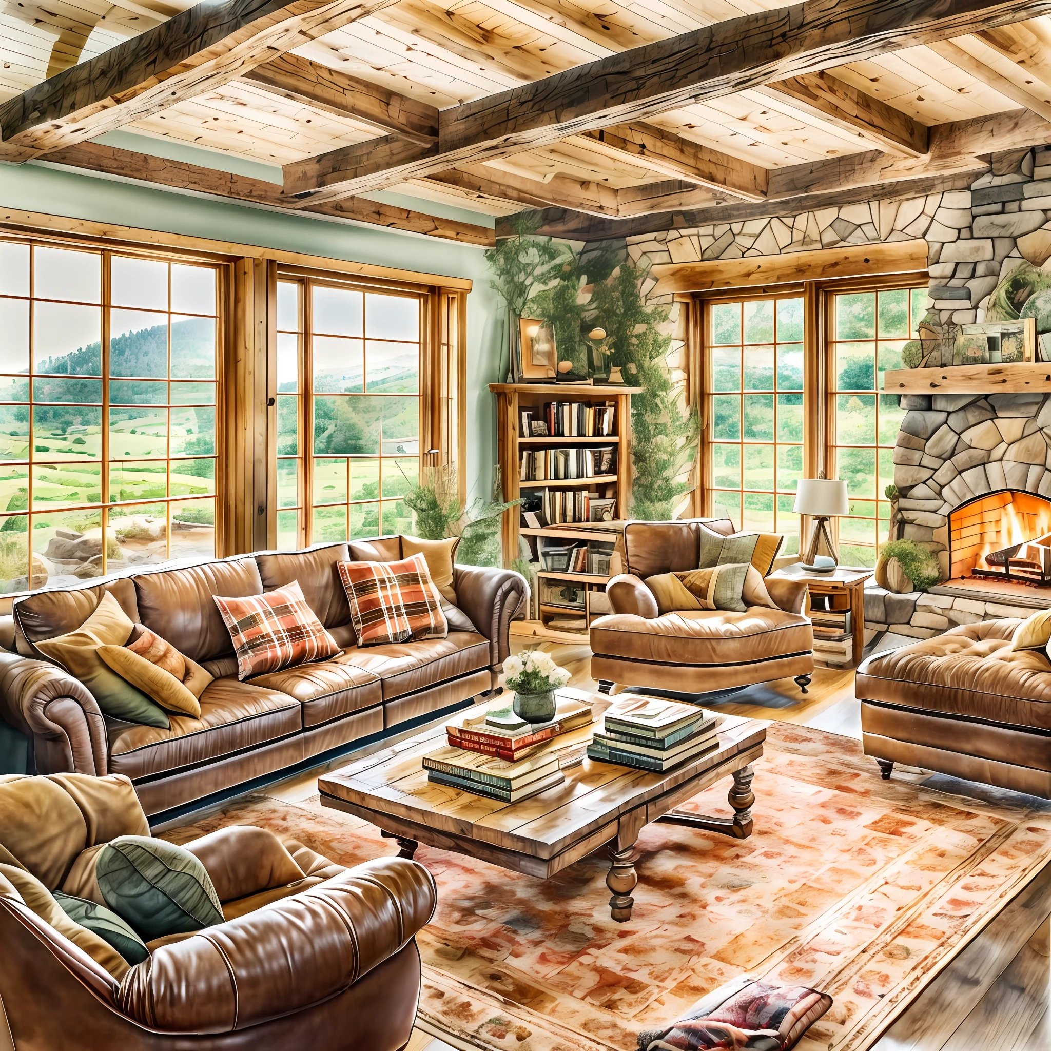 A modern living room design with a cozy and rustic feel, featuring exposed wooden beams on the ceiling, a stone fireplace with a crackling fire, comfortable leather sofas with plaid blankets, a bookshelf filled with vintage books and family heirlooms, large windows overlooking a serene countryside with rolling hills and a gentle stream, warm and inviting atmosphere, Artwork, watercolor painting on paper