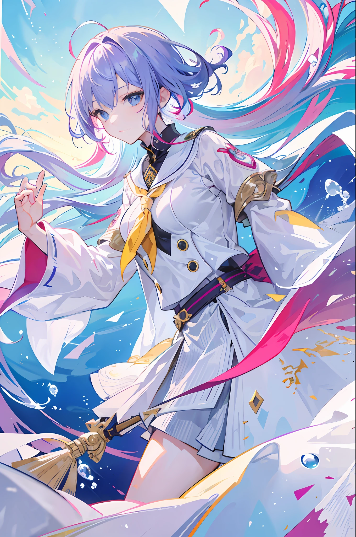 (((artwork of a))), Best Picture Quality, Extremely fine joint 8k wallpaper, Most Best Illustration, An extremely delicate and beautiful, floating, A high resolution, dynamic angle, dynamicposes, (1个Giant Breast Girl), eBlue eyes, (Colorful hair+Silvery hair:1.3+red tinted hair:1.2+Purple colored hair+Yellow hair:1.3+Green hair:1.3), White martial arts costume, Neckerchief, beautiful countenance, Too many droplets, Clouds, eventide, Faraway view, Watercolor effect
