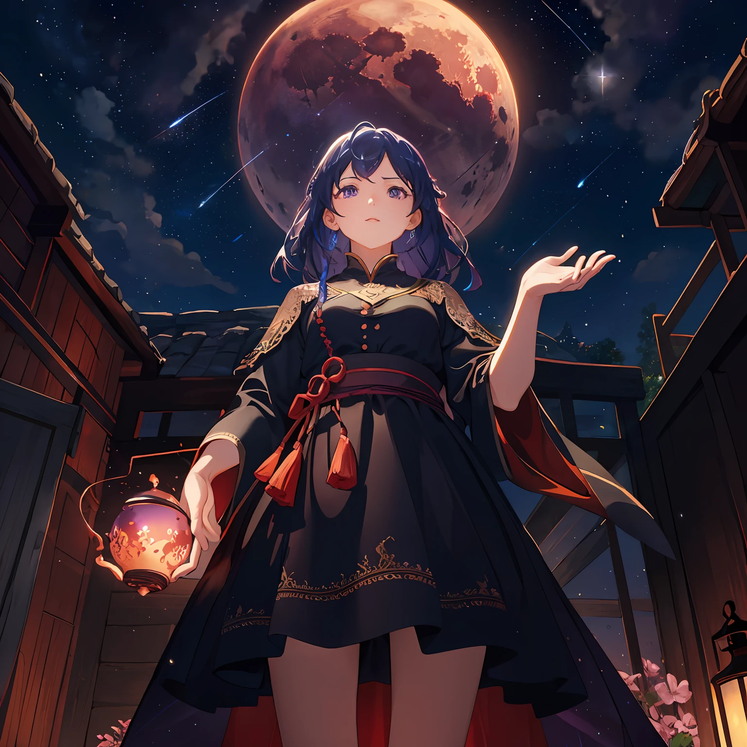 Vast landscape photos、（View from below with wilderness and rivers above and below）、Girl standing in a flower field and looking up、（fullmoon：1.2）、（shooting stars：0.9）、（nebulas：1.3）、mountain in the distance、Tree BREAK Production Art、(Warm color Light Source:1.2)、(fireflys:1.2)、abajour、Purple and orange、intricate detailes、Volume Lighting、Realism BREAK (​masterpiece:1.2)、(top-quality)、4k、Ultra-Details、(The composition of the movement:1.4)、Very detailed and colorful details、(Iridescent colors:1.2)、(glowing lighting、Atmospheric lighting)、dream-like、Magical、(独奏:1.2)