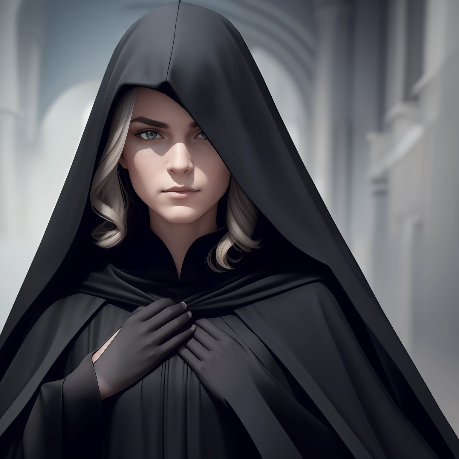 a close up of a person wearing a cape and a dress, with a long black cape, wearing black clothes and cape, black cloak from neck to ankles, with cape, vantablack cape, black cape, wearing in black cloak, wearing a black cloak, a black cloak, vantablack cloak, black cloak, long cloak, he is wearing a black