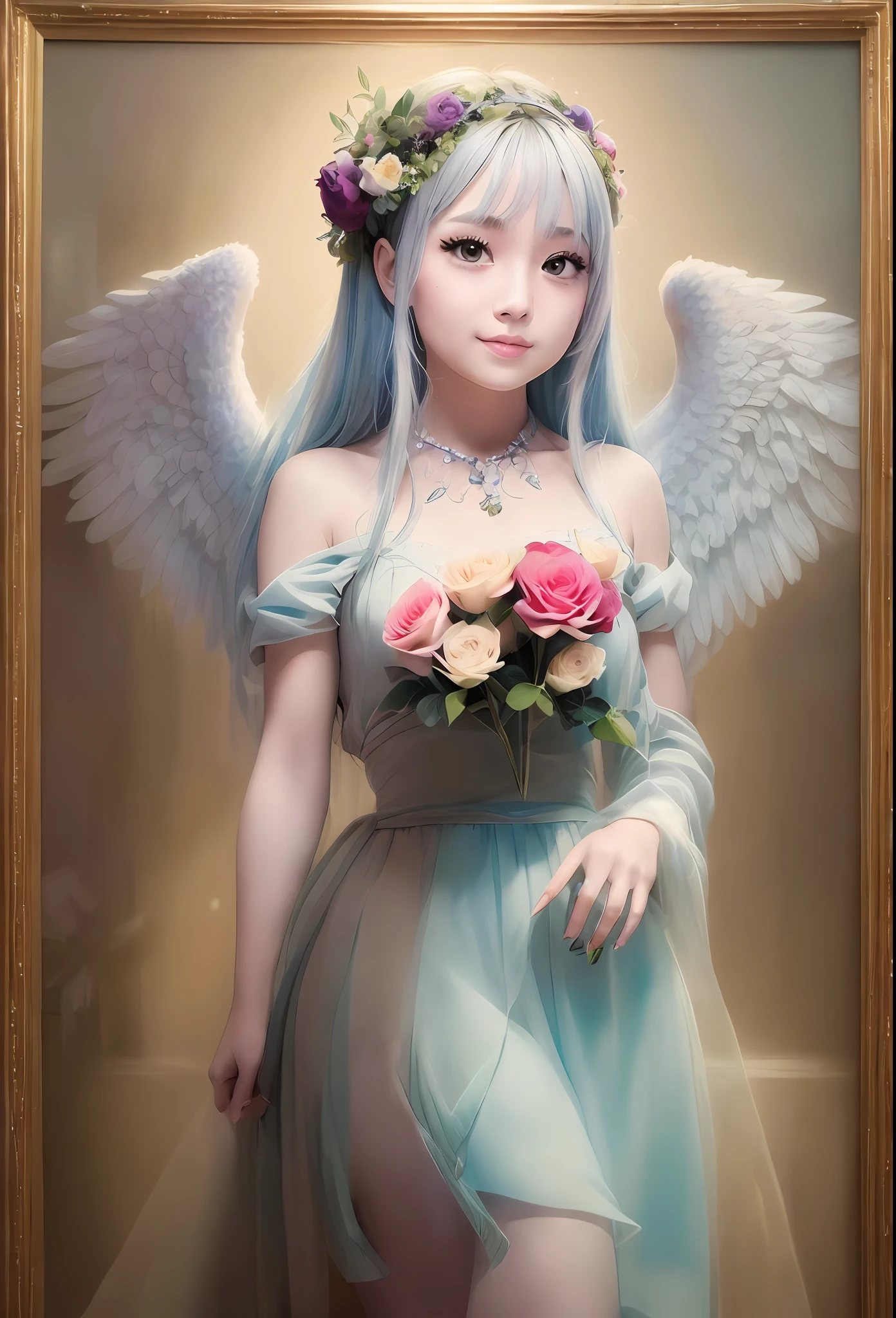 (Angel wings、😇、a smile、😌🥰Archaic Smile).hyper realstic、Ultra-realistic、Depiction of the human body without distortion、Monna Lisa、Woman in the Arms、Near and far law、Three-dimensional、Contemporary painting、moderno、world masterpiece、collection、Homage to the art or artist work of Picasso and Renoir, Not sentimental、Excellent portrayal、Gentle expression、More detailed character faces, Serious competition、Compositions like paintings、(Konmutsuki_Gacha_Series 1, punk_rosette), Realistic、Delicate brushwork、aqua color flowers, (Full body, elegant flowers background)