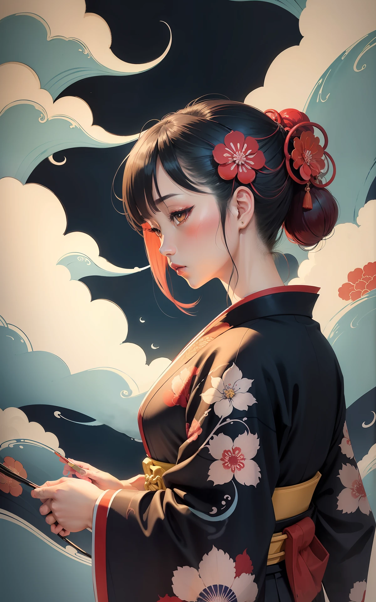 ukiyoe painting、ink and watercolor painting、vivid color、flowingwater、Flowing clouds、rising sun、kabuki、Girl in kimono、kimono、