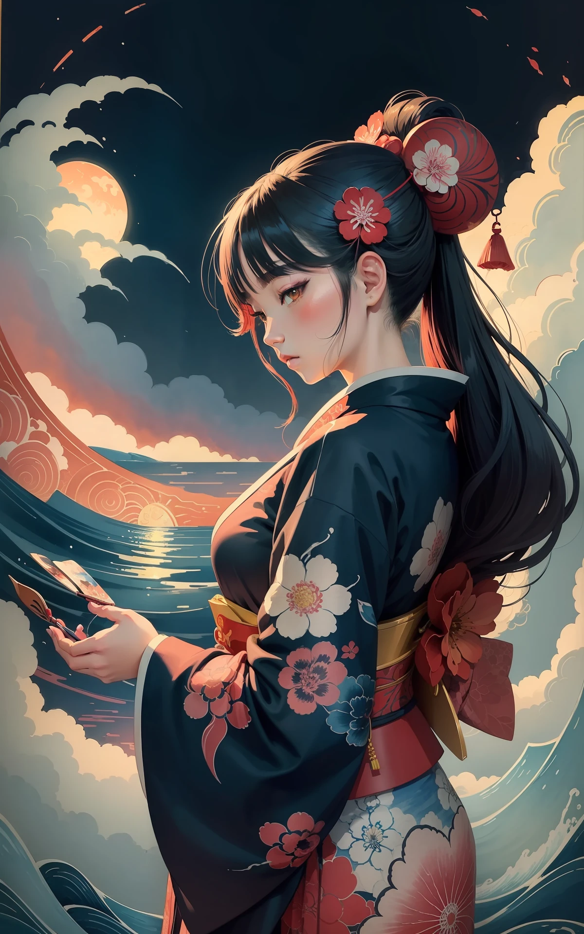 ukiyoe painting、ink and watercolor painting、vivid color、flowingwater、Flowing clouds、rising sun、kabuki、Girl in kimono、kimono、