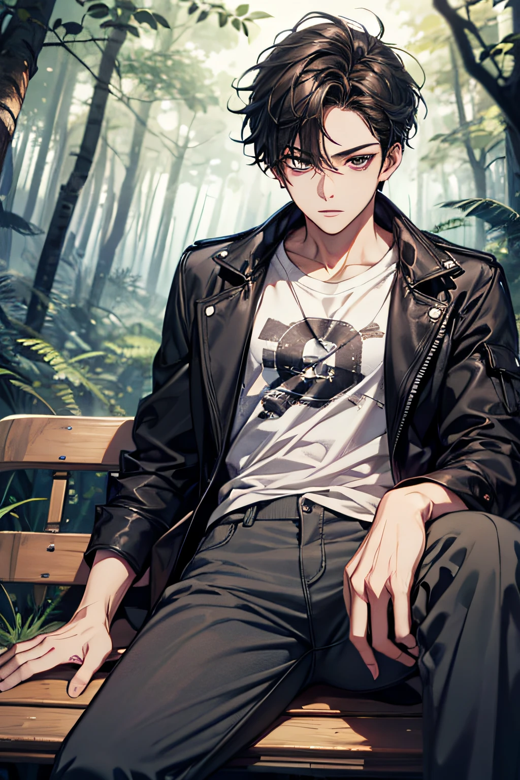 （hoang lap，A high resolution，ultra - detailed，HDR），tmasterpiece，best qualtiy，1boy，独奏，handsome，whaite hair，Fine eyes and detailed face，forehead，（（Loose white T-shirt）），（（black black jacket）），looki at viewer，Ear stitching，sitting on a bench，Parking in the background，In the woods