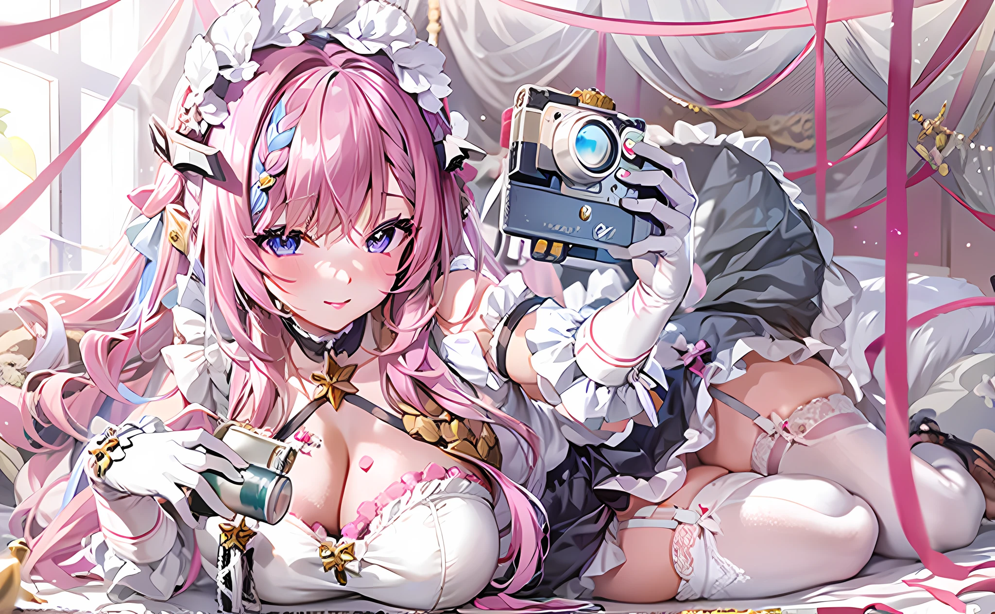 Anime girl holding camera with pink hair and white dress, anime girl in a maid costume, gorgeous maid, anime cat girl in a maid costume, Best anime 4k konachan wallpaper, Best Rated on pixiv, seductive anime girls, Guweiz in Pixiv ArtStation, Maid outfit, Guweiz on ArtStation Pixiv, maid