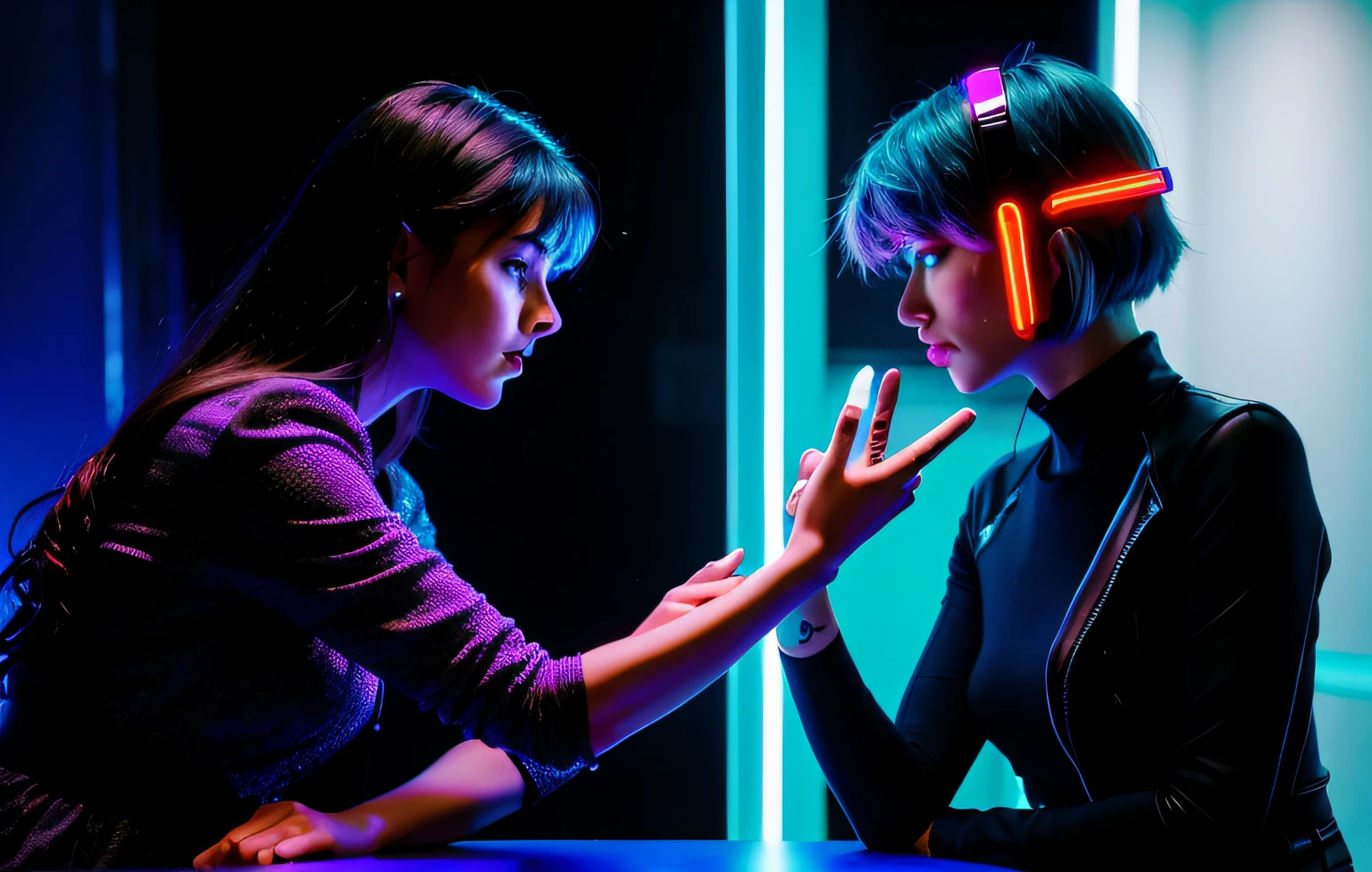 It's two women sitting at a table with neon lights, cyberpunk with neon lighting, Estilo Synthwave, 8 0 s filme neon ainda, neon futurista, estilo cyberpunk neon, Destaques Neon Cyberpunk, synthwave neon retrofuturism, Synthwave, cores ultravioleta e neon, imagem Synthwave, Inspirado no Synthwave, cyberpunk lighting, com luzes neon, cyberpunk neon, Foto cyberpunk