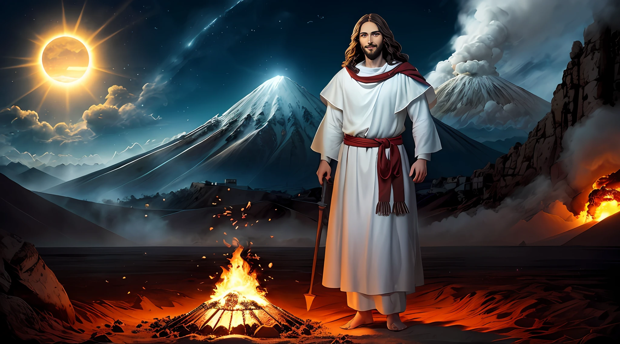 Jesus Second Coming into Heaven, rosto como o sol do meio dia, coroa, a tunic and a breastplate of gold, o cabelo branco como a neve, olhos como chamas de fogo, the feet as refined bronze in the furnace, sorriso leve, surrealismo, retroiluminação, cinematic lighthing, alta qualidade, detalhes elevados, melhor qualidade, Background with lighting, forte e realista, detalhes precisos de alta qualidade