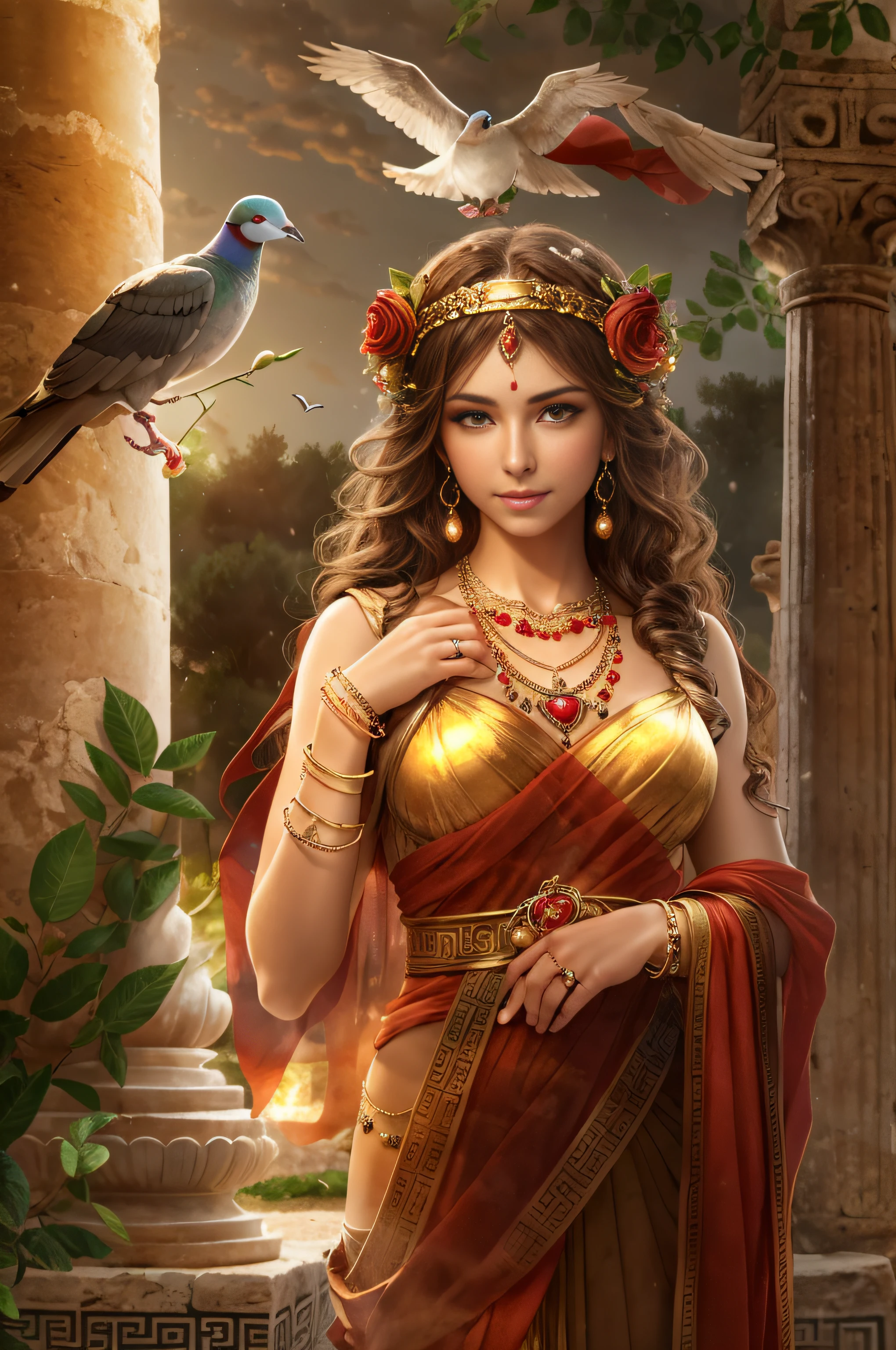 goddess of love and lust, with brown hair and brown eyes, is glossy-skinned, looks gorgeous and attractive, is smiling sensual and cruel, wears crimson greek toga, puts on jeweled golden ornaments, circlet, necklace, bangles, bracelets, ancient cyprus island, ancient greek garden, pigeons, roses, Greek mythology, sensual atmosphere, photorealistic, super high quality, super detail, ultra-accurate and precise description of hands, masterpiece, 8K, HDR