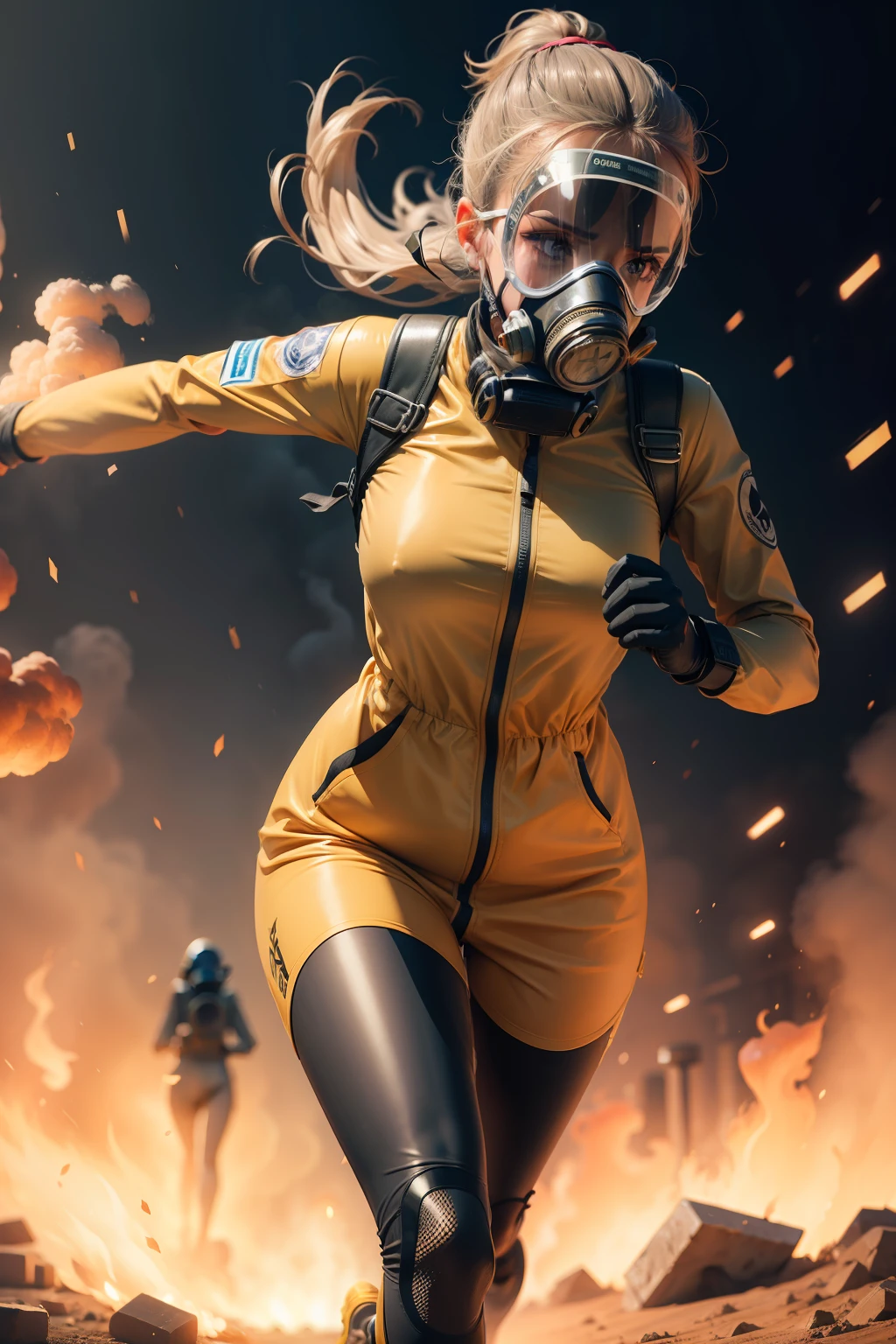 Woman running in chemical protective suit while wearing gas mask