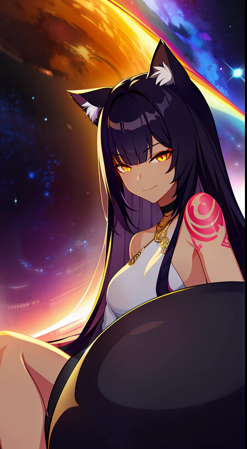 young girl, Dark black skin, long purple hair, cat ears, golden eyes, Naked, cosmic tattoo, outer space, smirk, Masterpiece, hiquality