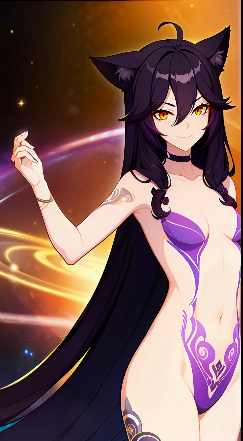 young girl, Dark black skin, long purple hair, cat ears, golden eyes, Naked, cosmic tattoo, outer space, smirk, Masterpiece, hiquality