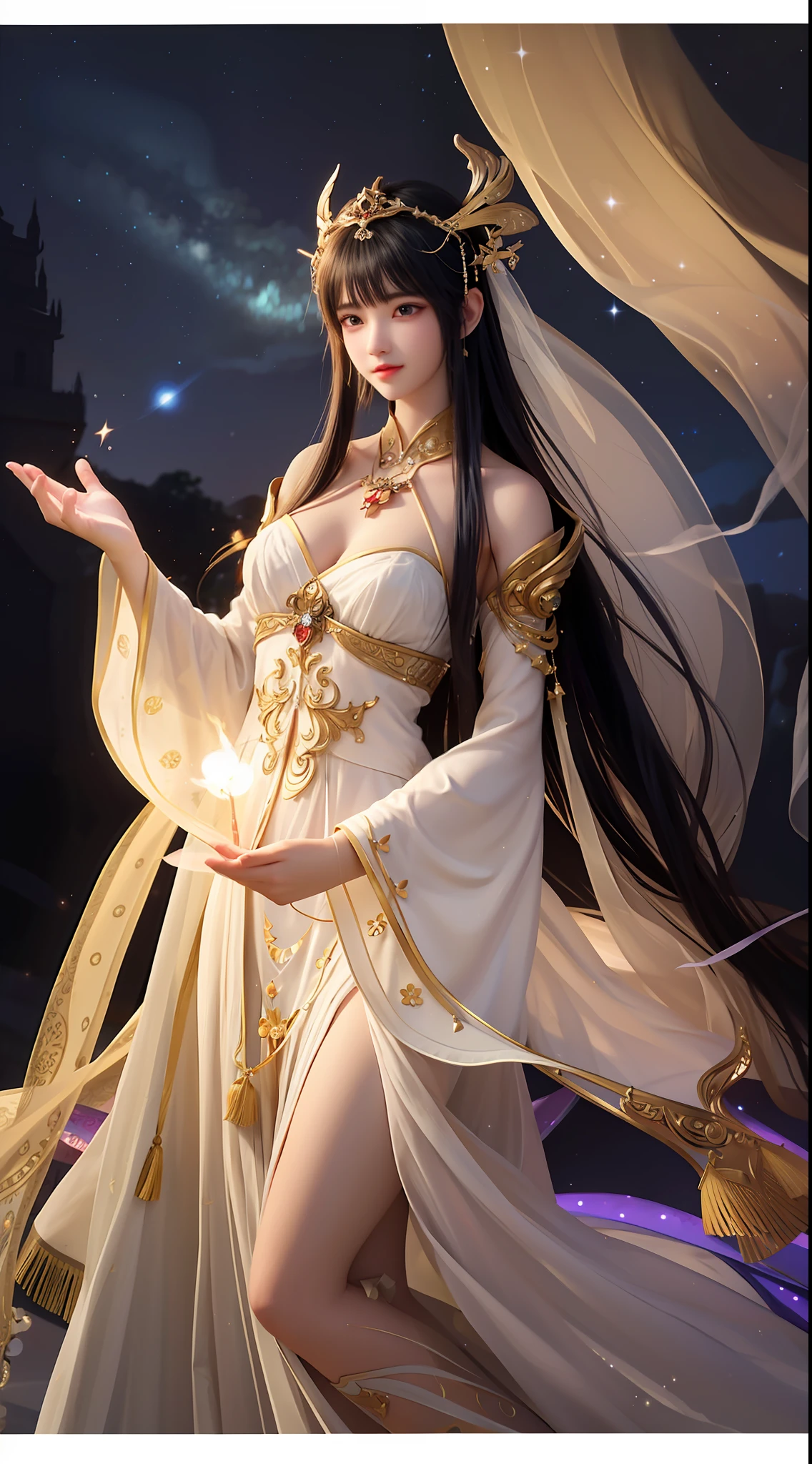 Under the deep and boundless cosmic starry sky,A goddess stood there,Her beauty and mystery are breathtaking。Her figure seemed so small in the starry night sky,But it exudes an indescribable grandeur。Her eyes sparkled like stars,Refracting the endless mysteries and beauty of the universe。
The goddess wore a tulle-like robe,the moonlight was shining on her body,Make her figure more dreamy。Her long hair flowed down her shoulders like a waterfall,Sway gently with the wind,Like a river of stars rippling in the night sky。
Her hands gently raised a splendid planet。,It's like holding the whole galaxy in the palm of your hand。Her gaze traveled through time and space,Explore the endless mysteries of the universe。Around her,Countless meteors pierced the night sky,Like the hem of her skirt fluttering gently。
Against this magnificent backdrop,The face of the goddess is like the brightest star,Gentle and firm。She seems to control the life and death of the entire universe,But with compassion,Caring for all beings in the world。Her presence,Make the starry sky more captivating,Make the universe more mysterious。
This cosmic goddess under the stars,It represents the endless mysteries of the universe,It also carries the endless yearning of human beings。She is like a symbol of eternity,Always standing there,Guard the sea of stars。Full body photo,jade foot