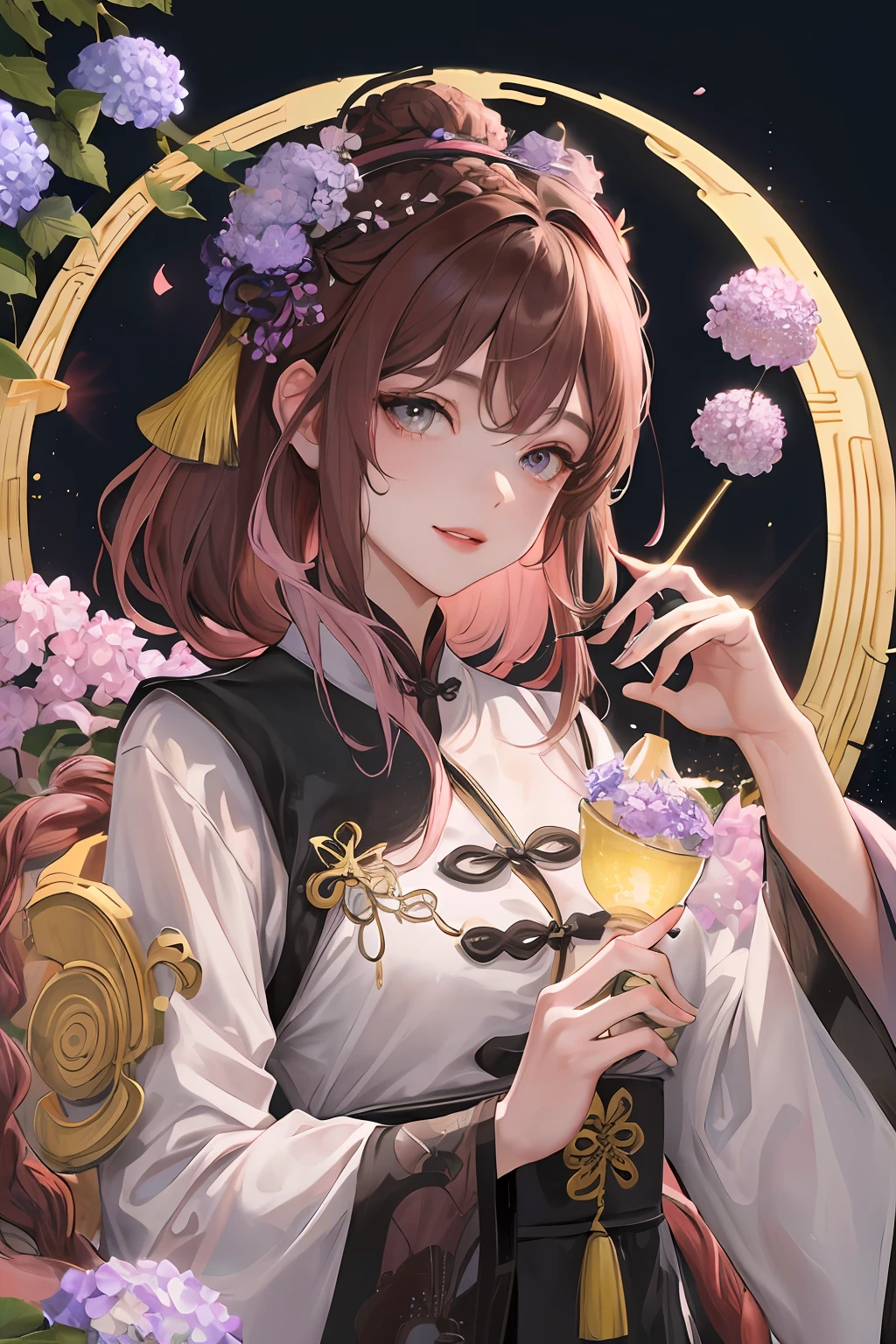 Masterpiece, best quality, night, full moon, 1 girl, mature woman, Chinese style, ancient China, elder sister, imperial sister, smile, brown hair, princess cut, single Fried Dough Twists braid, coiled hair, double ball head, light pink lips, calm, intellectual, middle hair, green pupil, hairpin, hydrangea,