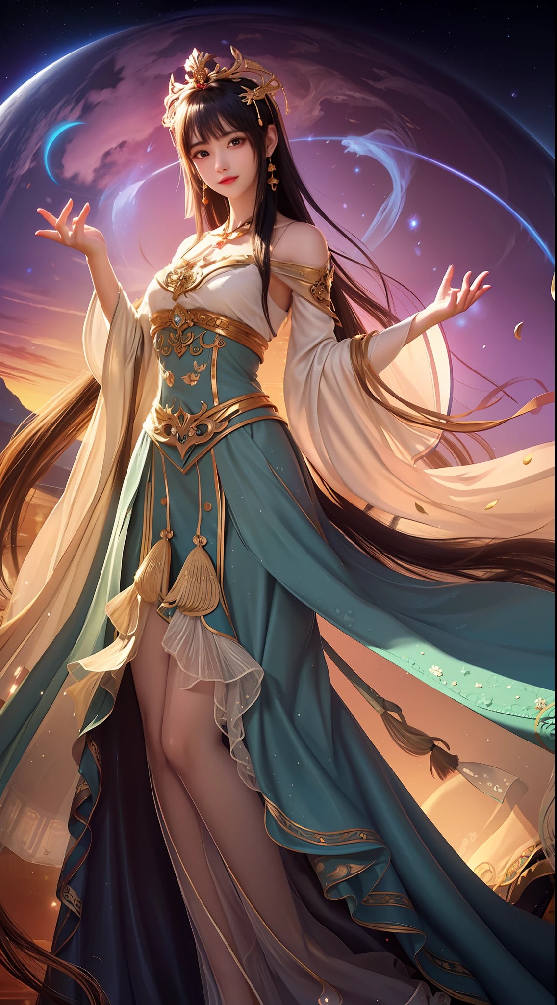 Under the deep and boundless cosmic starry sky,A goddess stood there,Her beauty and mystery are breathtaking。Her figure seemed so small in the starry night sky,But it exudes an indescribable grandeur。Her eyes sparkled like stars,Refracting the endless mysteries and beauty of the universe。
The goddess wore a tulle-like robe,the moonlight was shining on her body,Make her figure more dreamy。Her long hair flowed down her shoulders like a waterfall,Sway gently with the wind,Like a river of stars rippling in the night sky。
Her hands gently raised a splendid planet。,It's like holding the whole galaxy in the palm of your hand。Her gaze traveled through time and space,Explore the endless mysteries of the universe。Around her,Countless meteors pierced the night sky,Like the hem of her skirt fluttering gently。
Against this magnificent backdrop,The face of the goddess is like the brightest star,Gentle and firm。She seems to control the life and death of the entire universe,But with compassion,Caring for all beings in the world。Her presence,Make the starry sky more captivating,Make the universe more mysterious。
This cosmic goddess under the stars,It represents the endless mysteries of the universe,It also carries the endless yearning of human beings。She is like a symbol of eternity,Always standing there,Guard the sea of stars。Full body photo,jade foot