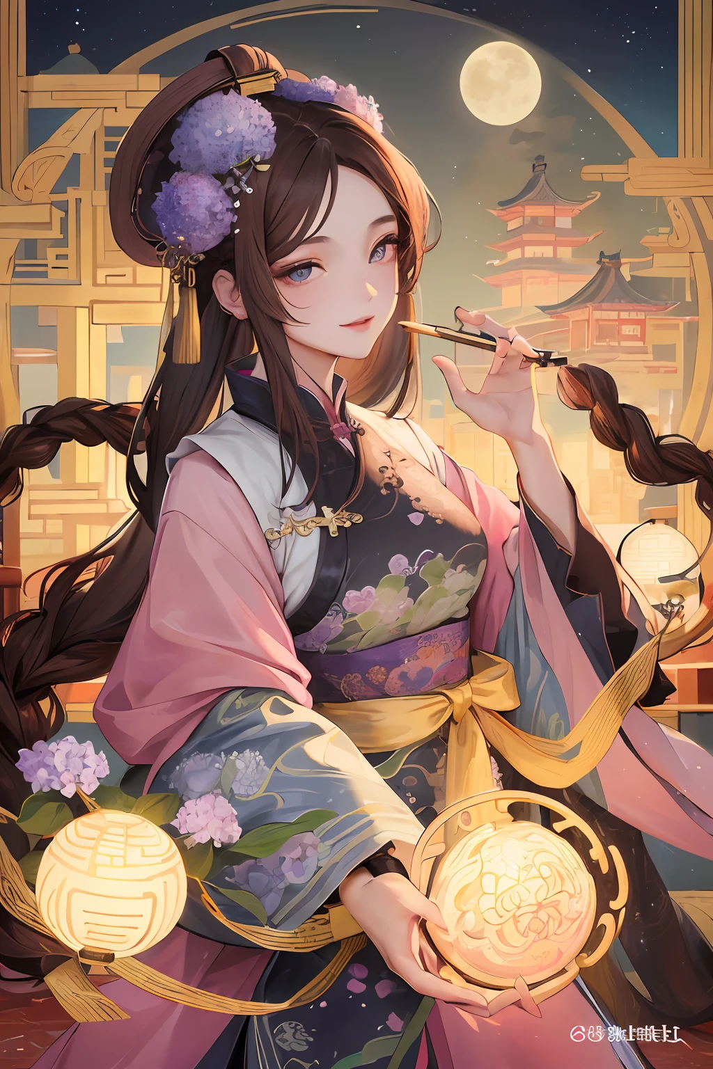 Masterpiece, best quality, night, full moon, 1 girl, mature woman, Chinese style, ancient China, elder sister, imperial sister, smile, brown hair, princess cut, single Fried Dough Twists braid, coiled hair, double ball head, light pink lips, calm, intellectual, middle hair, green pupil, hairpin, hydrangea,