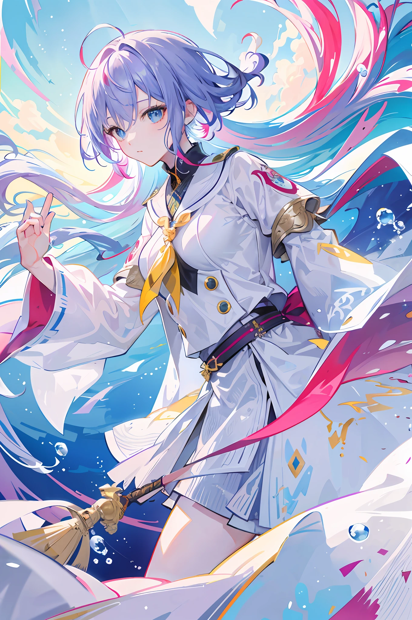 "(((artwork of a))), best qualtiy, Extreme detail 8K wallpaper, Fantastic illustrations, A delicate and beautiful, Floating, A high resolution, Dynamic angle, Dynamic pose, (1个Giant Breast Girl), eBlue eyes, (Colorful hair+Silvery hair:1.3+red tinted hair:1.2+Purple colored hair+Yellow hair:1.3+Green hair:1.3), Kimono with white, Detailed face, Water droplets all over the sky, Clouds, twilight, Wide picture, Watercolor style。"