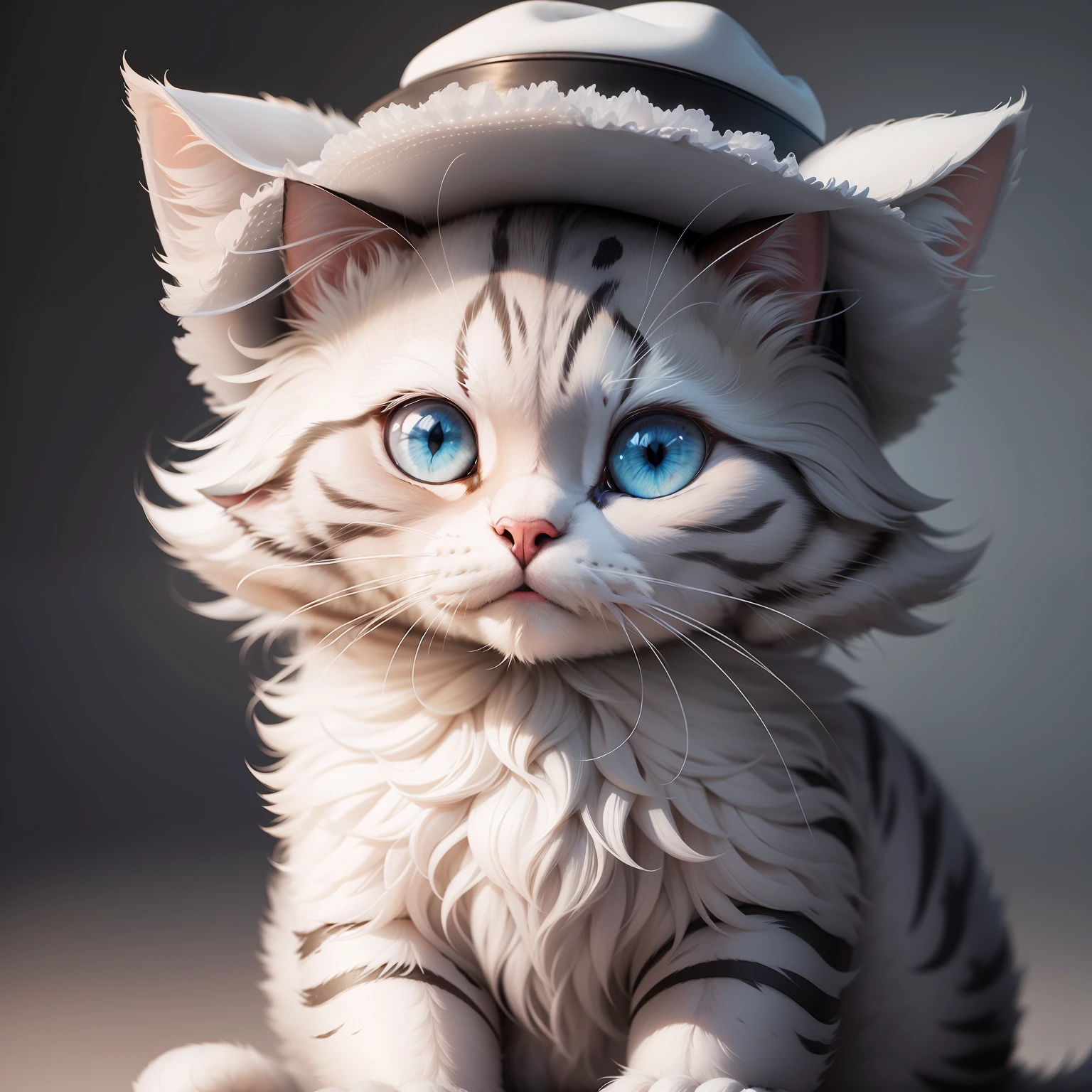 Cute cartoon cat fluffy gray in a kanotier hat , Aesthetically pleasing, is beautiful, Realistic, close - up, Professional photo, 4k, vivid lighting