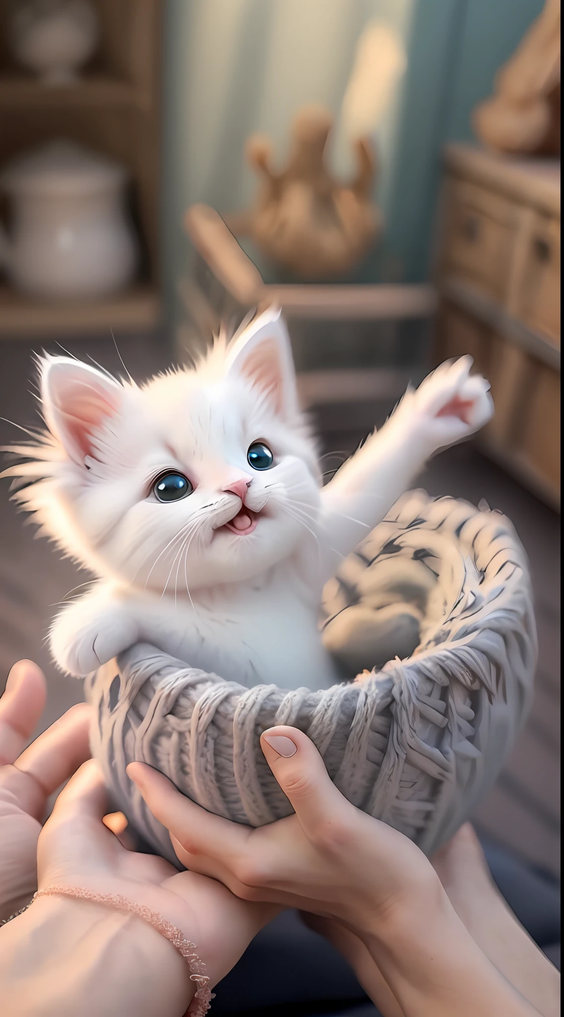 A white-haired kitten sits on a person's hand, Miniature kittens, Animal focus, sbeard, realisticlying, POV hands, vague background,ssmile,Funny,Open-mouthed