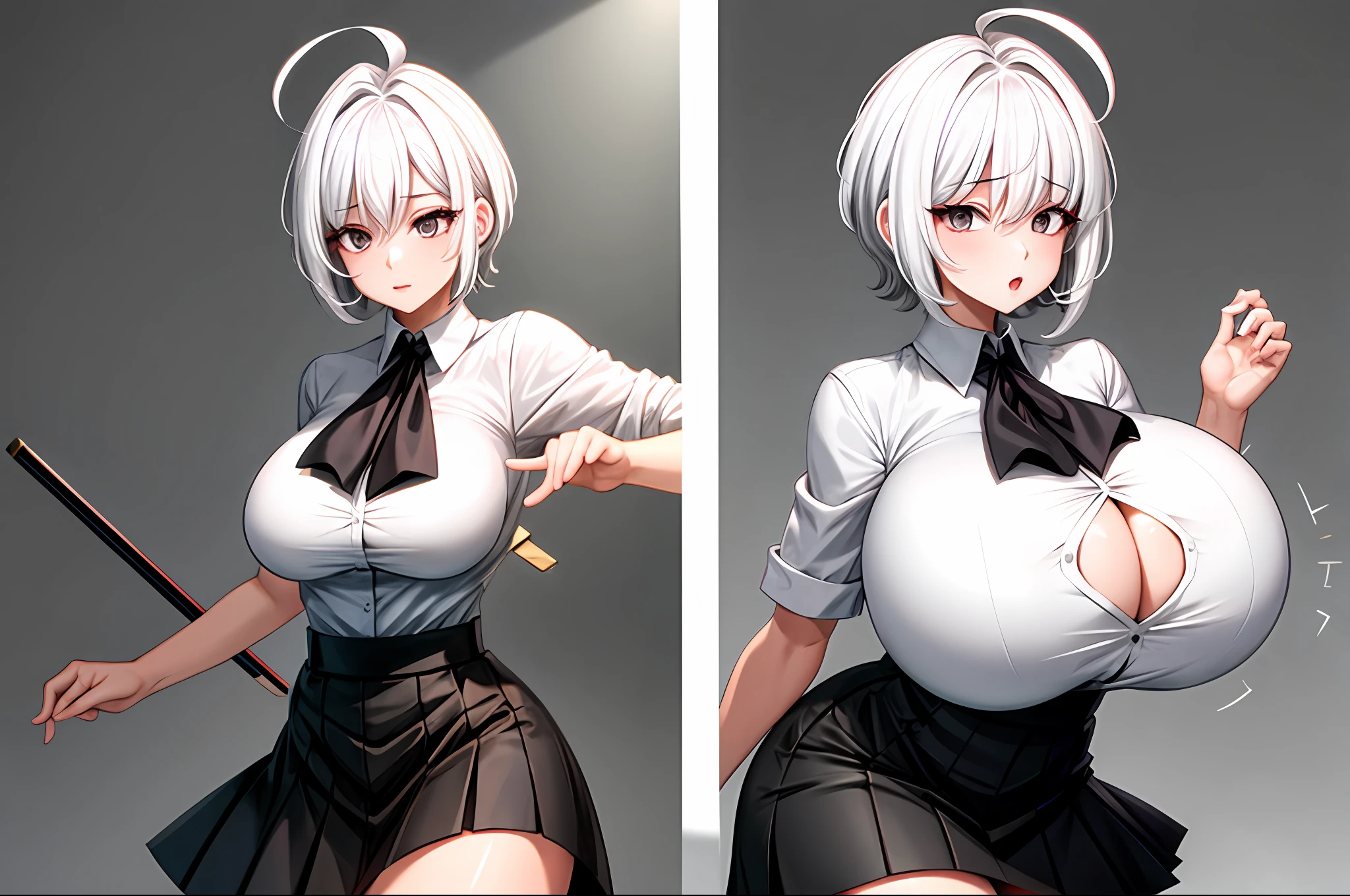 masterpiece, best quality, 1girl ,ahoge, white hair, short hair, black eyes, white shirt, buttoned shirt, black skirt, short skirt, (breast expansion:1.1), huge breasts,