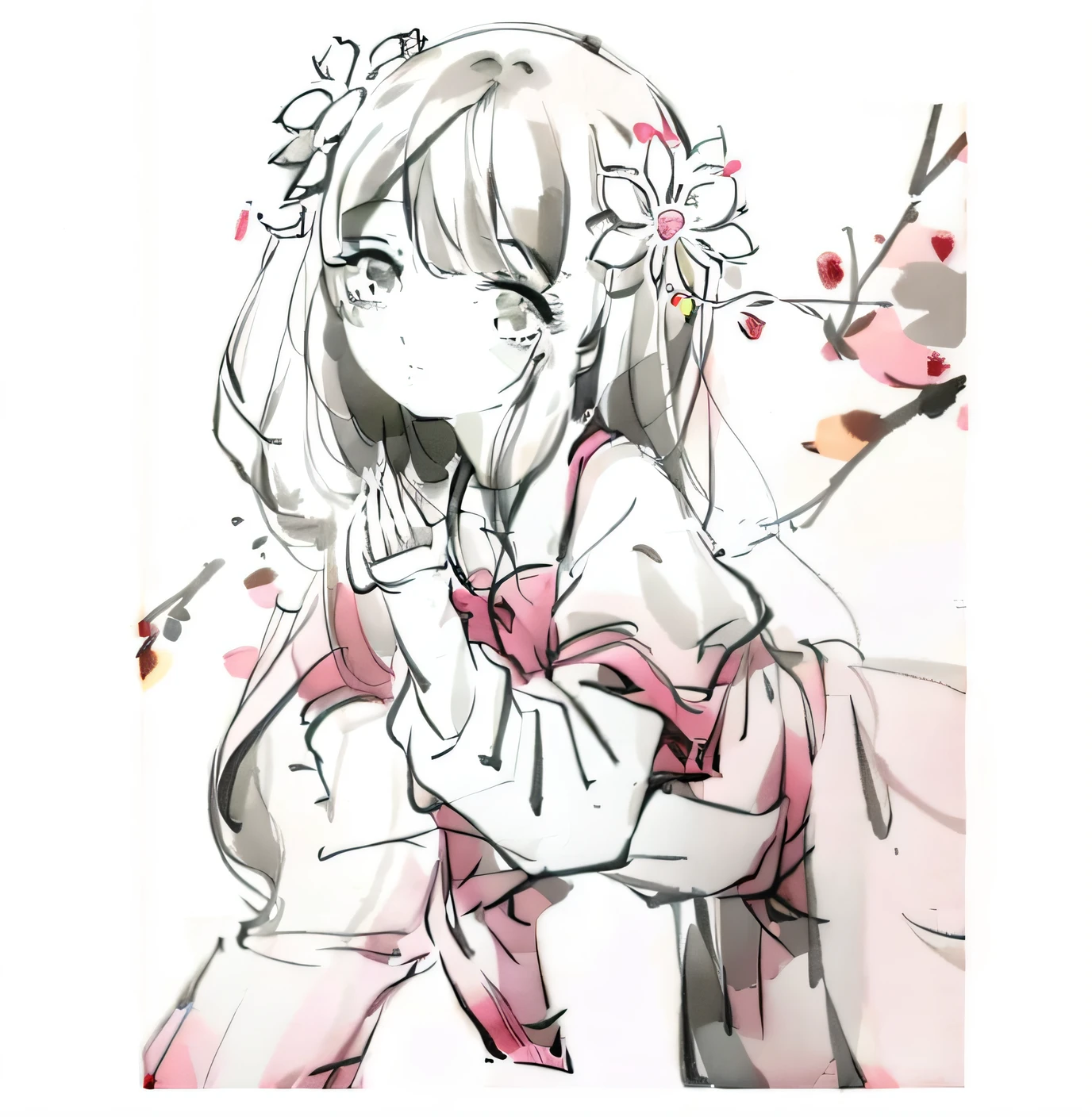 An anime manga of a girl with a flower in her hand, 2022 anime style, 2 0 2 2 anime style, With flowers, Line sketch!!, desaturated!!, loli in dress, sketchy artstyle, Loli, heavy outline, old sketch, anime sketch, by Kamagurka, cheerfulness!!!, cushart kenz, at pixiv