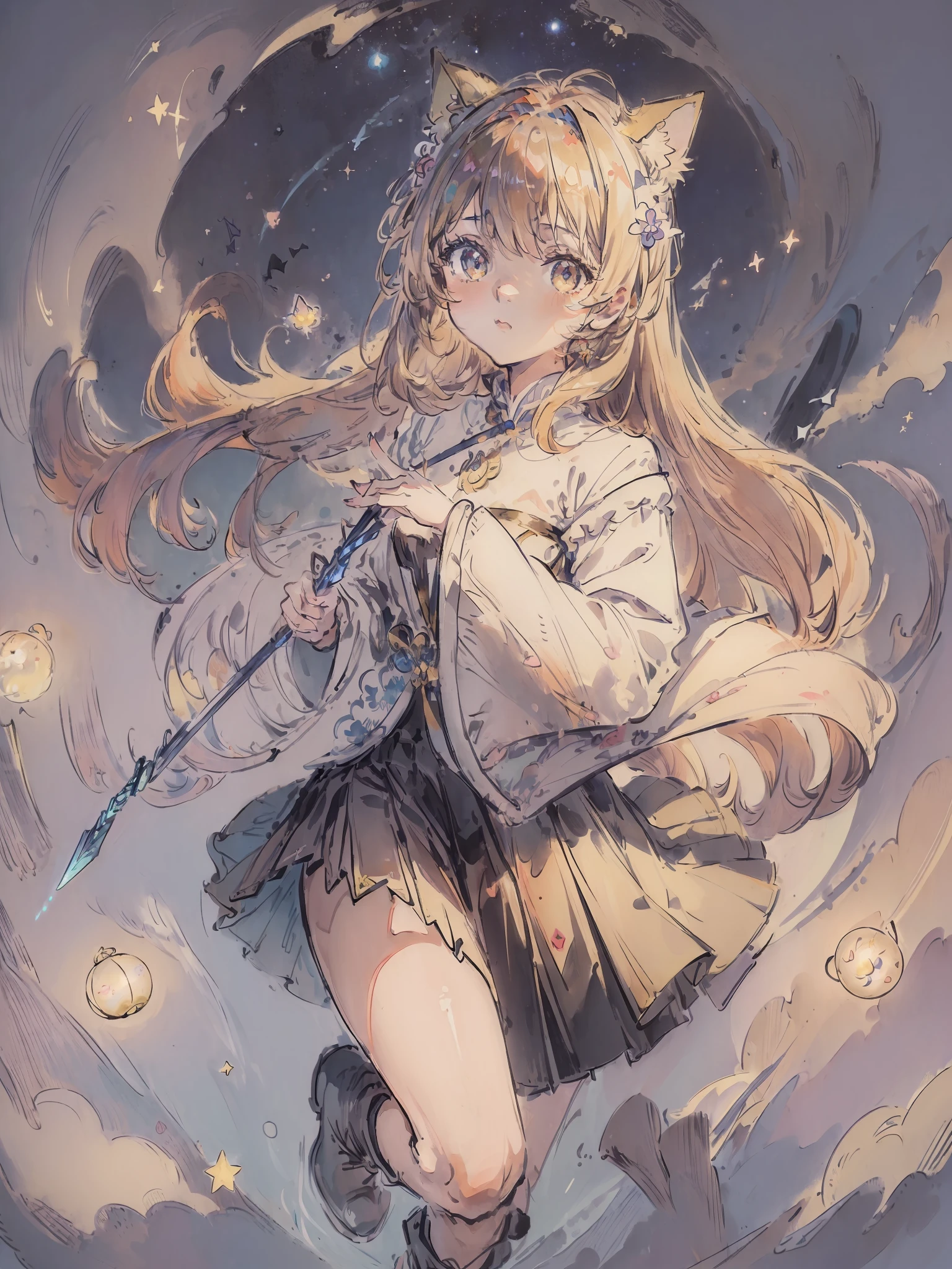 ((Accompanied by a cute cat:1.3))、((magical )), ((Gorgeous starry sky background)), ((ultra-definition)), ((Best Illustration)), ((cinematlic lighting)), dynamic ungle, floating, Filigree, (Glitter:1.2 )、(brilliance:1.2)、(brilliance:1.2)、Classic、(painted:1.1)、(Sketched:1.1)、(top-quality)、(masterpiece:1.2)、(Anime style)、(独奏)、Beautiful Detail Face、(cute face:1.3)、(big eye:1.3)、colourful hair、(length hair:1.2)、(Floating hair:1.2)、(Magical Girl Costumes)、detailed costume、(Shining wand:1.3)、(Magic Effects:1.3)、(flowing skirt:1.2)、(Cute boots:1.1)、(Transparent substrate:1.1)、(shimmer:1.2)、(Glow:1.2)、(brilliance:1.2)