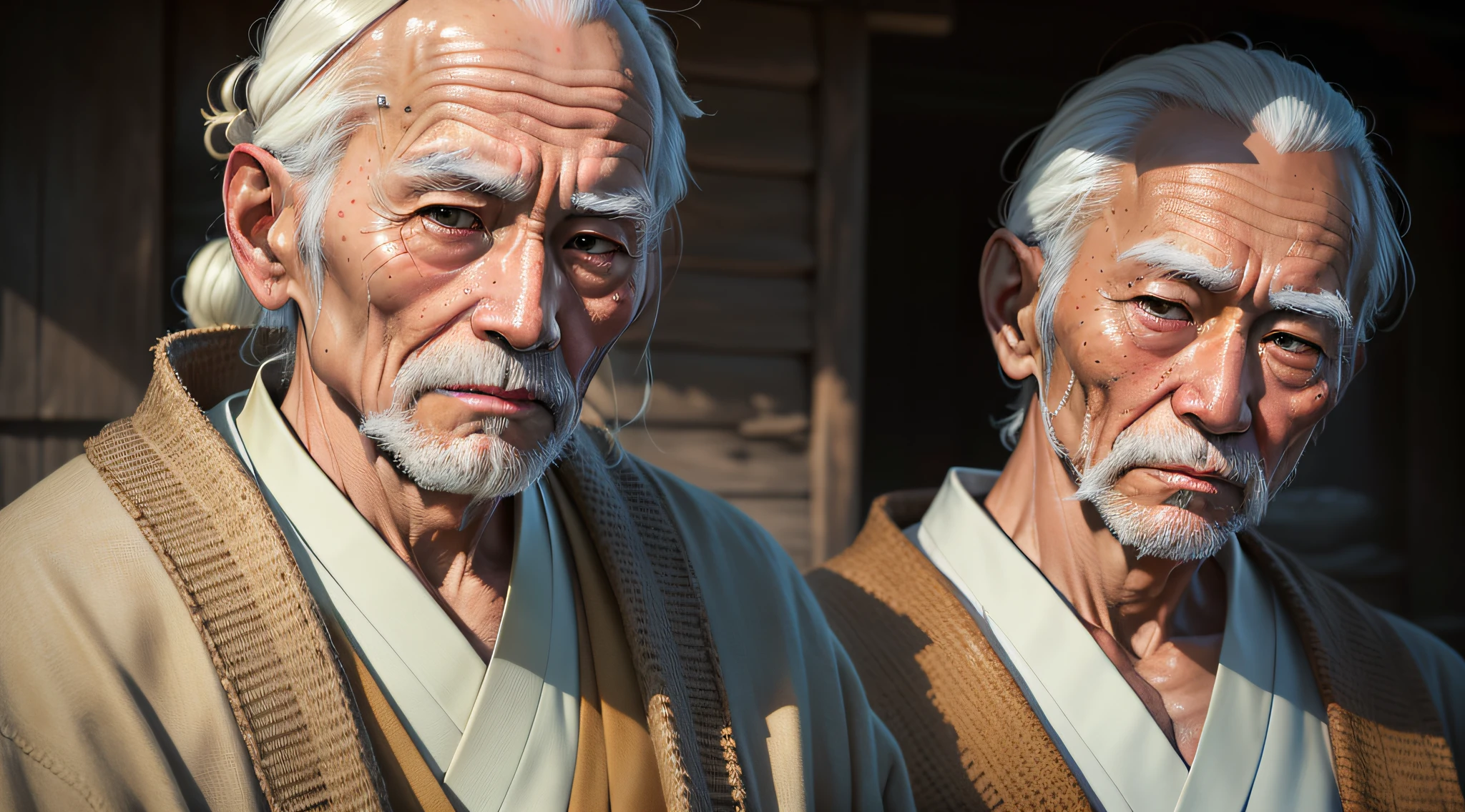 RAW photo, *subject*, (high detailed skin:1.2), 8k uhd, dslr, soft lighting, high quality, film grain, Fujifilm XT3,(Photorealism:1.3),Aestheticism,[Japanese],Highly Detailed,(1 old man :1.4),(handsome:1.1),dressed as Zen Monk, tradicional japanese clothes, colored skin, updo, (attractive:1.3),perfectly detailed eyes