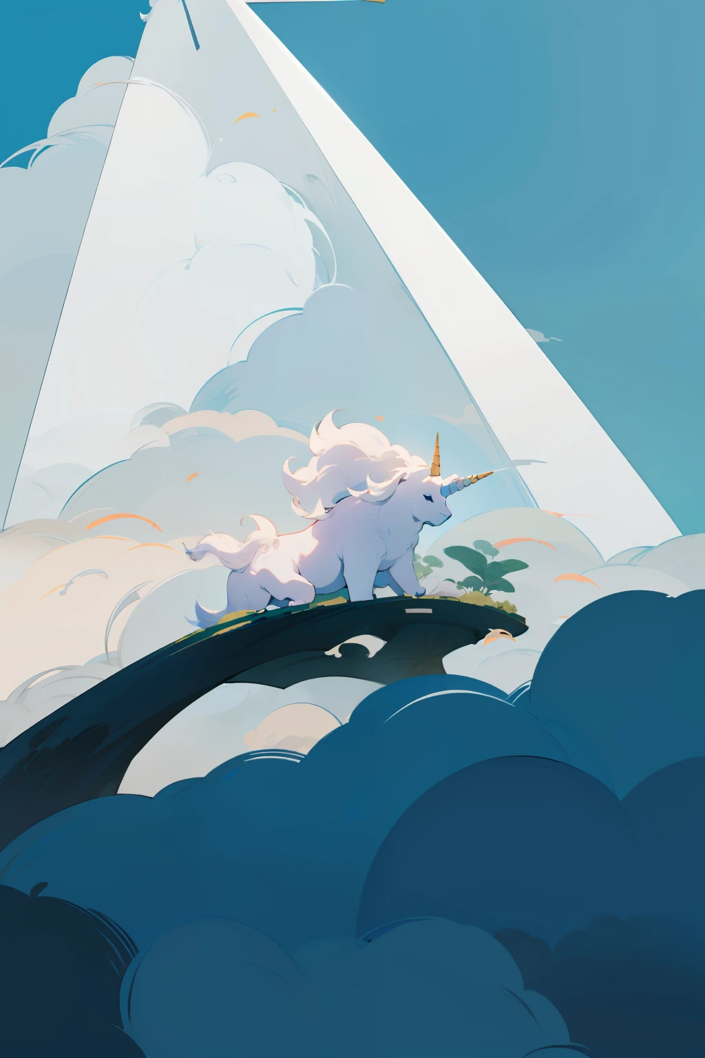 Extremely beautiful,Japanese garden,minimal style,White auspicious clouds float in the sky,White unicorn