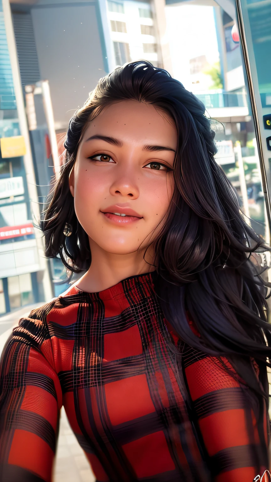 Ilustre uma jovem menina ultrarrealista e semelhante com cabelos cacheados, com os cachos ultra definidos, com a pele morena, aparentando ter 17 anos. Adopt a realistic animation style inspired by anime, capturing the realistic details of facial features and hair. Make sure the character is waving their hand in a friendly manner, while conveying an image of intelligence.