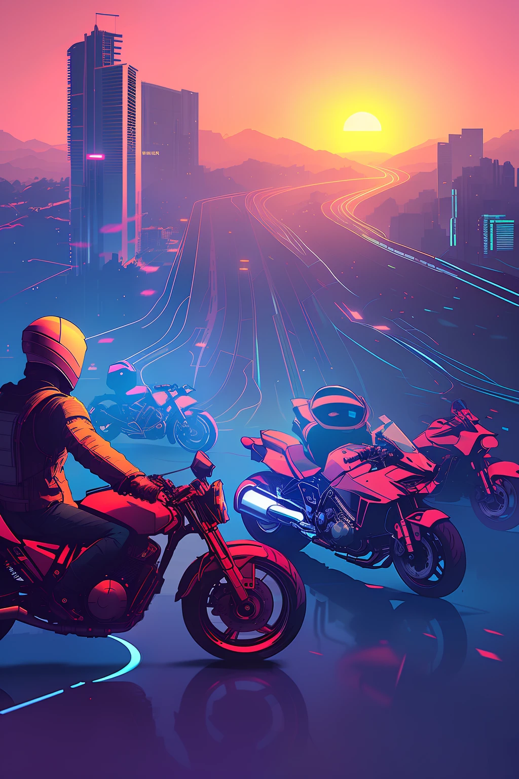 (nvinkpunk:1.2) SNTHWVE style motorcycle、lightwave、the sunset、iintricate、The is very detailed，Arad man in a white shirt rides a motorcycle，hands in a pocket, yanjun cheng, ryan jia, Asian male, jeremy cheung, reuben wu, Zhongyuan Zheng Lei, darren quach, steve zheng, victor ngai, yihao ren, andrew thomas huang, jesper esjing, nivanh chanthara, emmanuel shiu, Kim Tae-joon