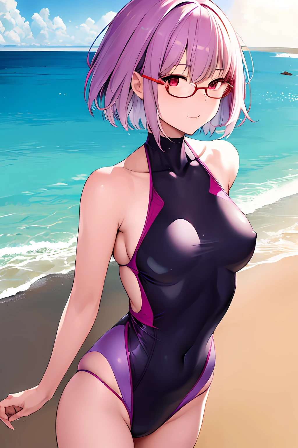 masterpiece, best quality, highres, 1girl, shinjou akane, short hair, small breasts, bangs, red eyes, light purple hair, glasses, swimsuit, body suit, beach,